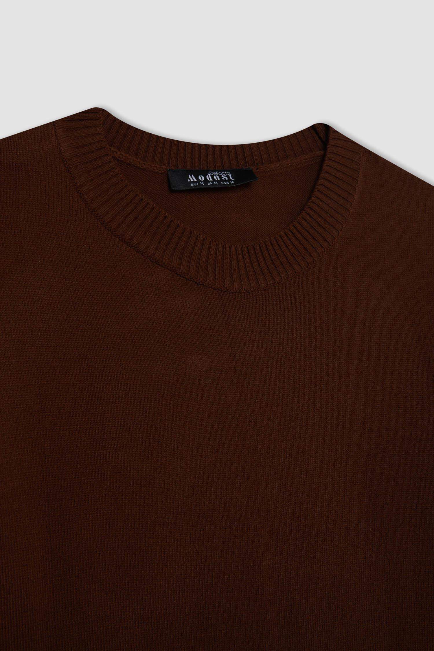 Regular Fit Bisiklet Yaka Yırtmaçlı Basic Düz Triko Kazak Tunik