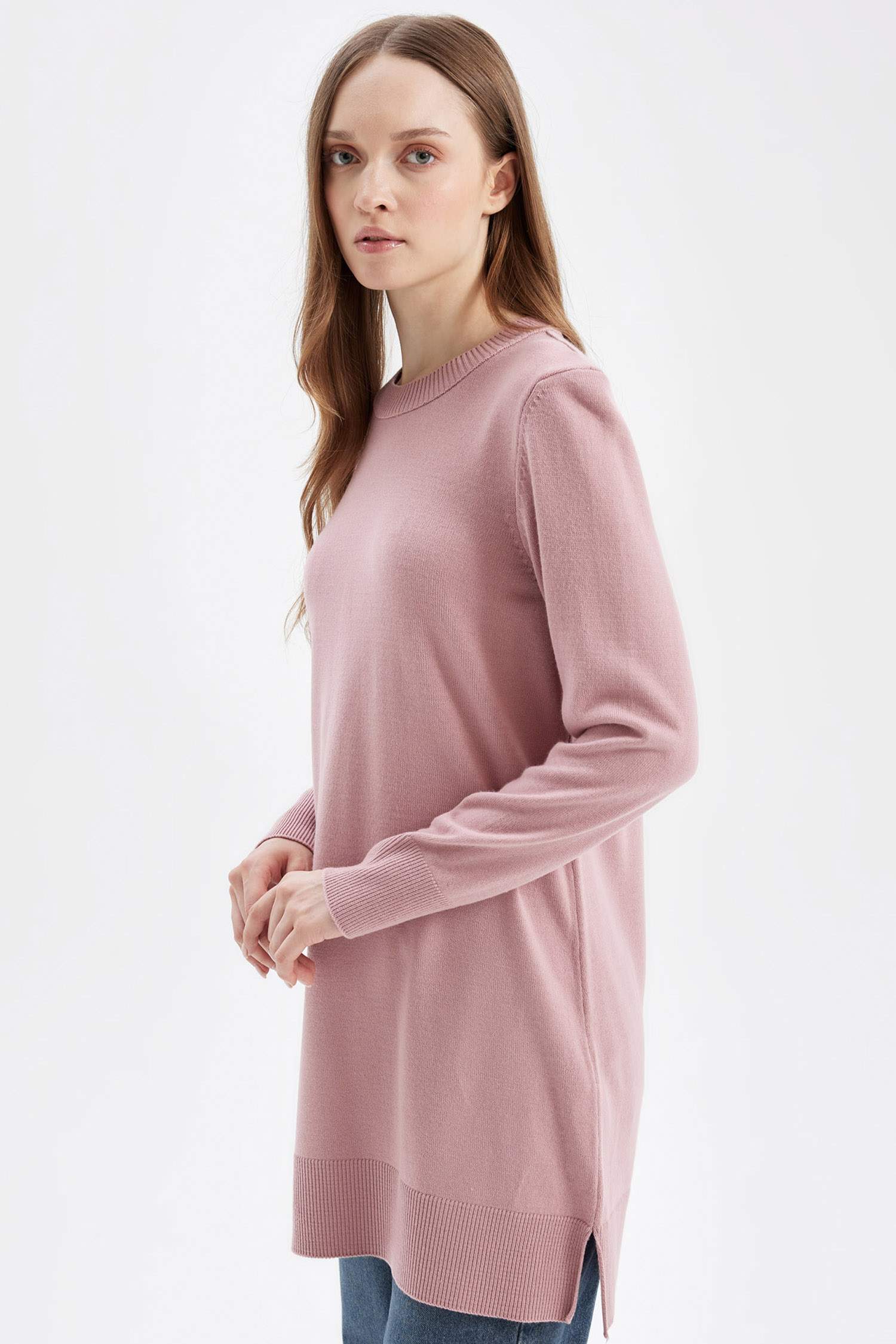 Regular Fit Bisiklet Yaka Yırtmaçlı Basic Düz Triko Kazak Tunik