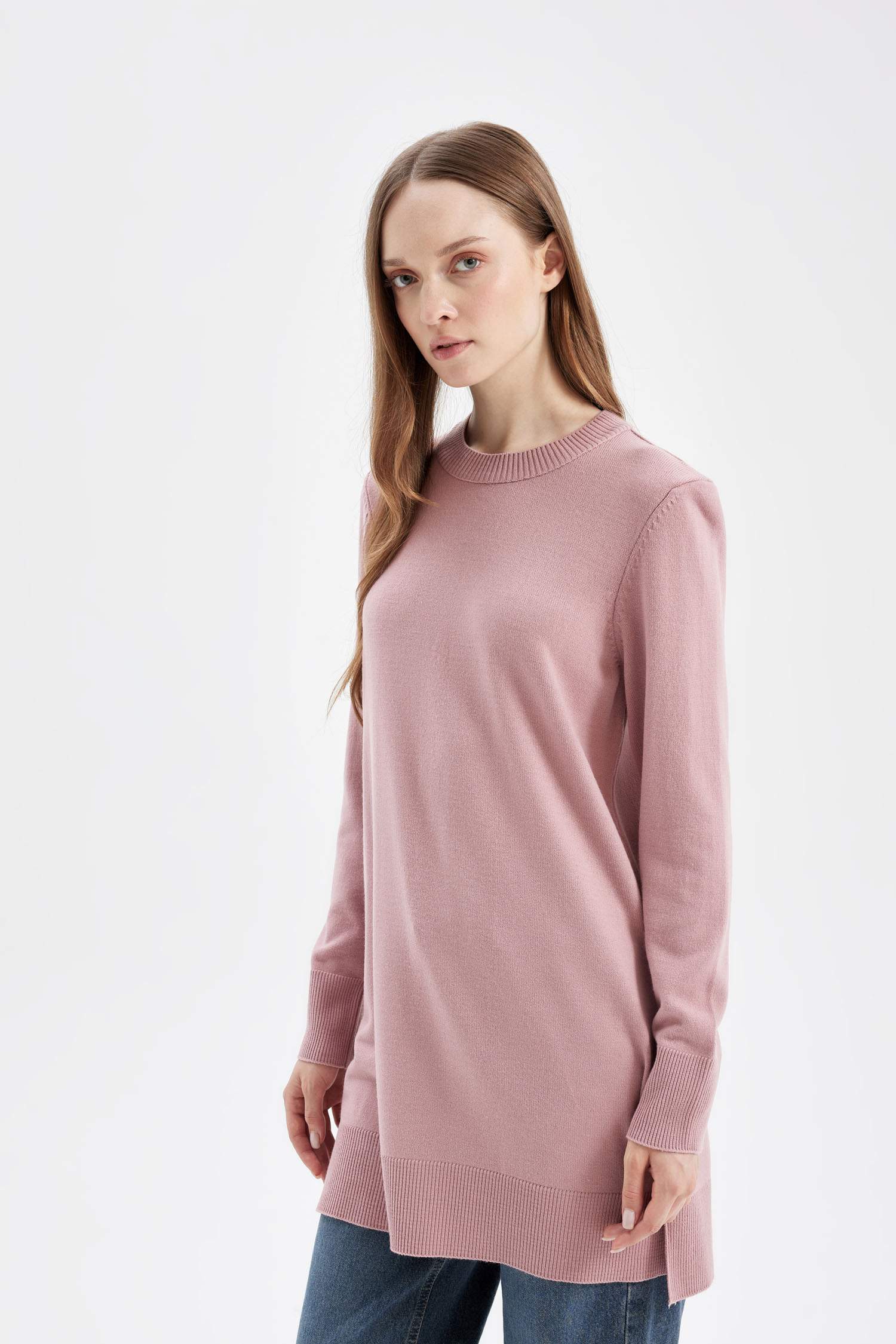 Regular Fit Bisiklet Yaka Yırtmaçlı Basic Düz Triko Kazak Tunik