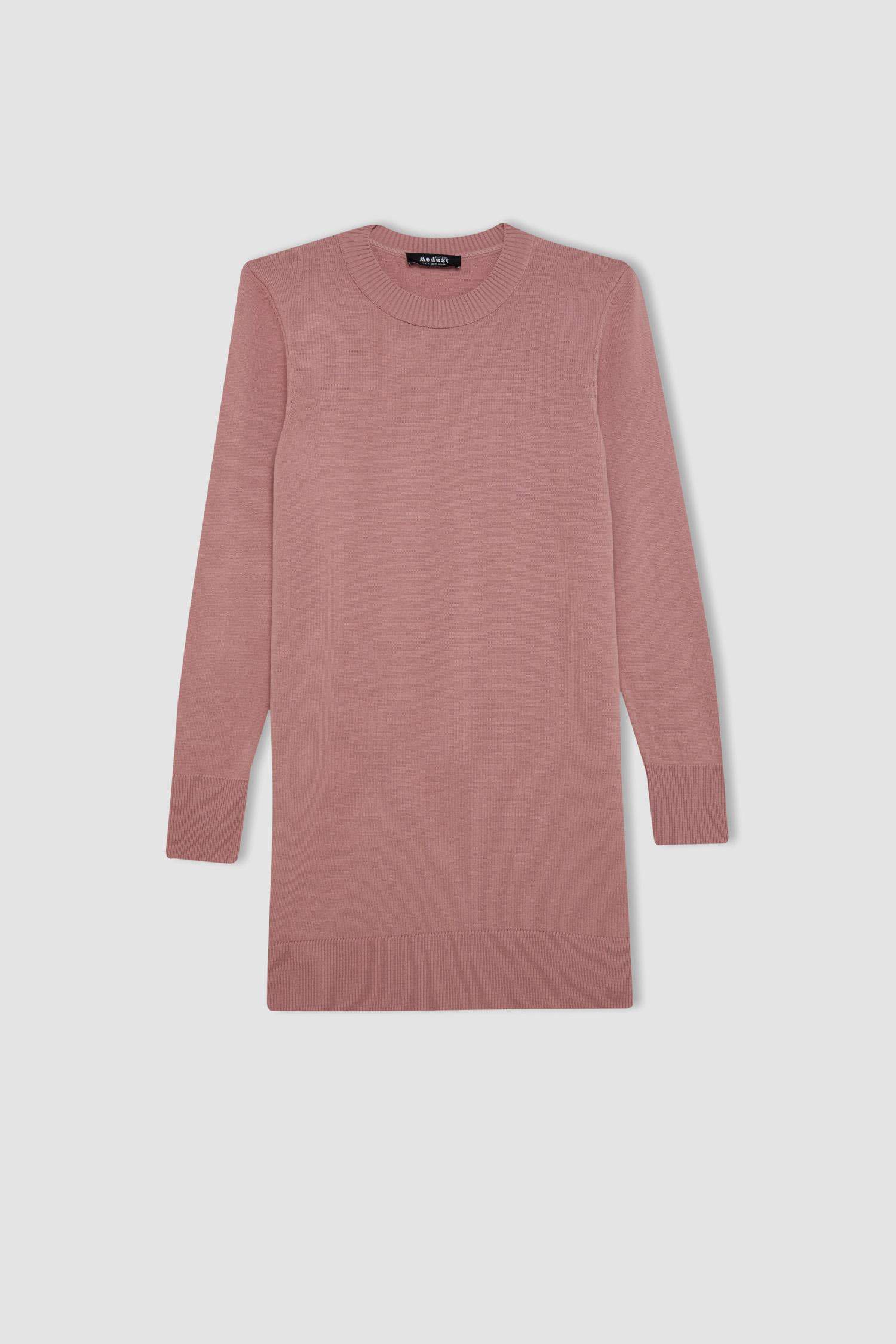 Regular Fit Bisiklet Yaka Yırtmaçlı Basic Düz Triko Kazak Tunik