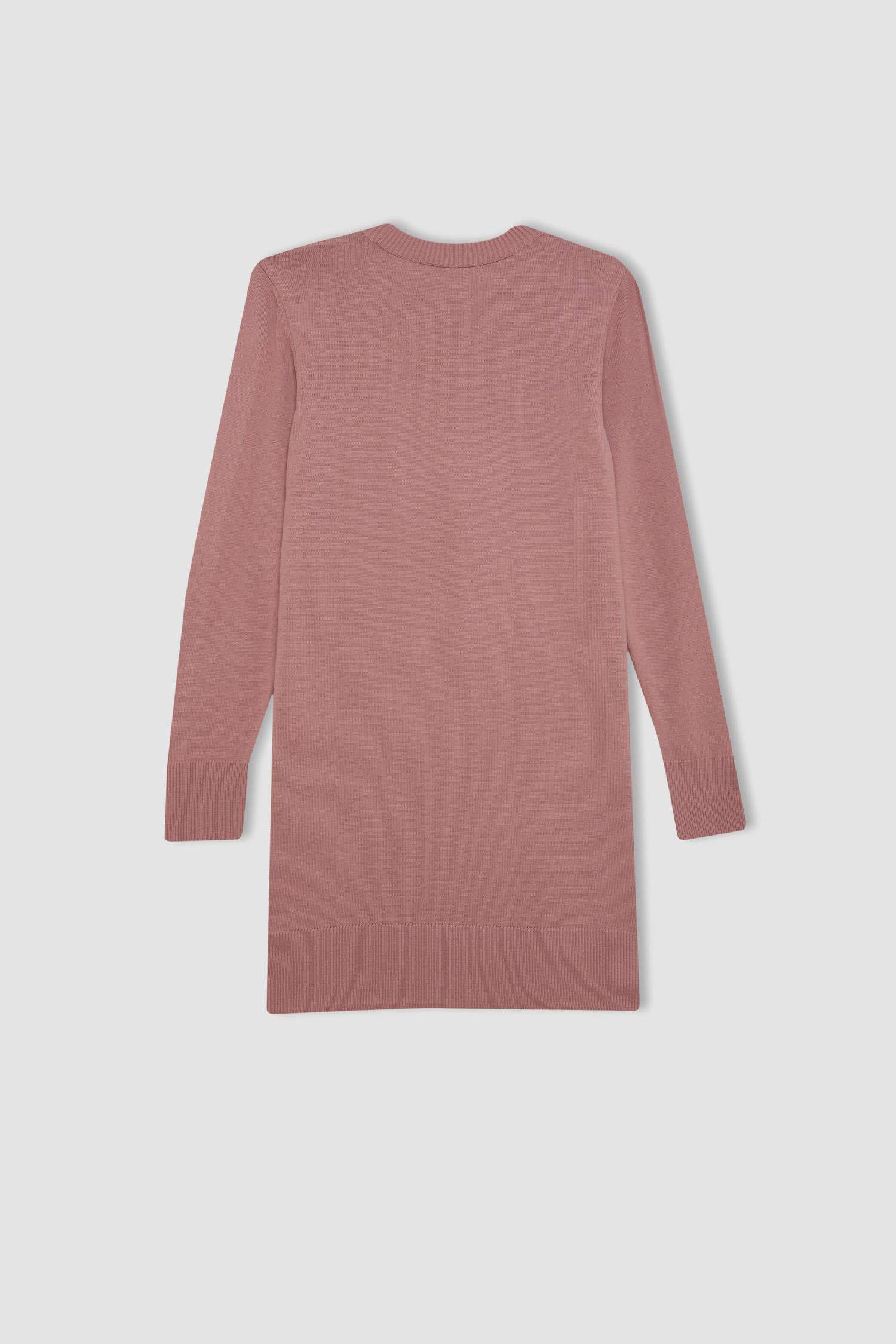 Regular Fit Bisiklet Yaka Yırtmaçlı Basic Düz Triko Kazak Tunik