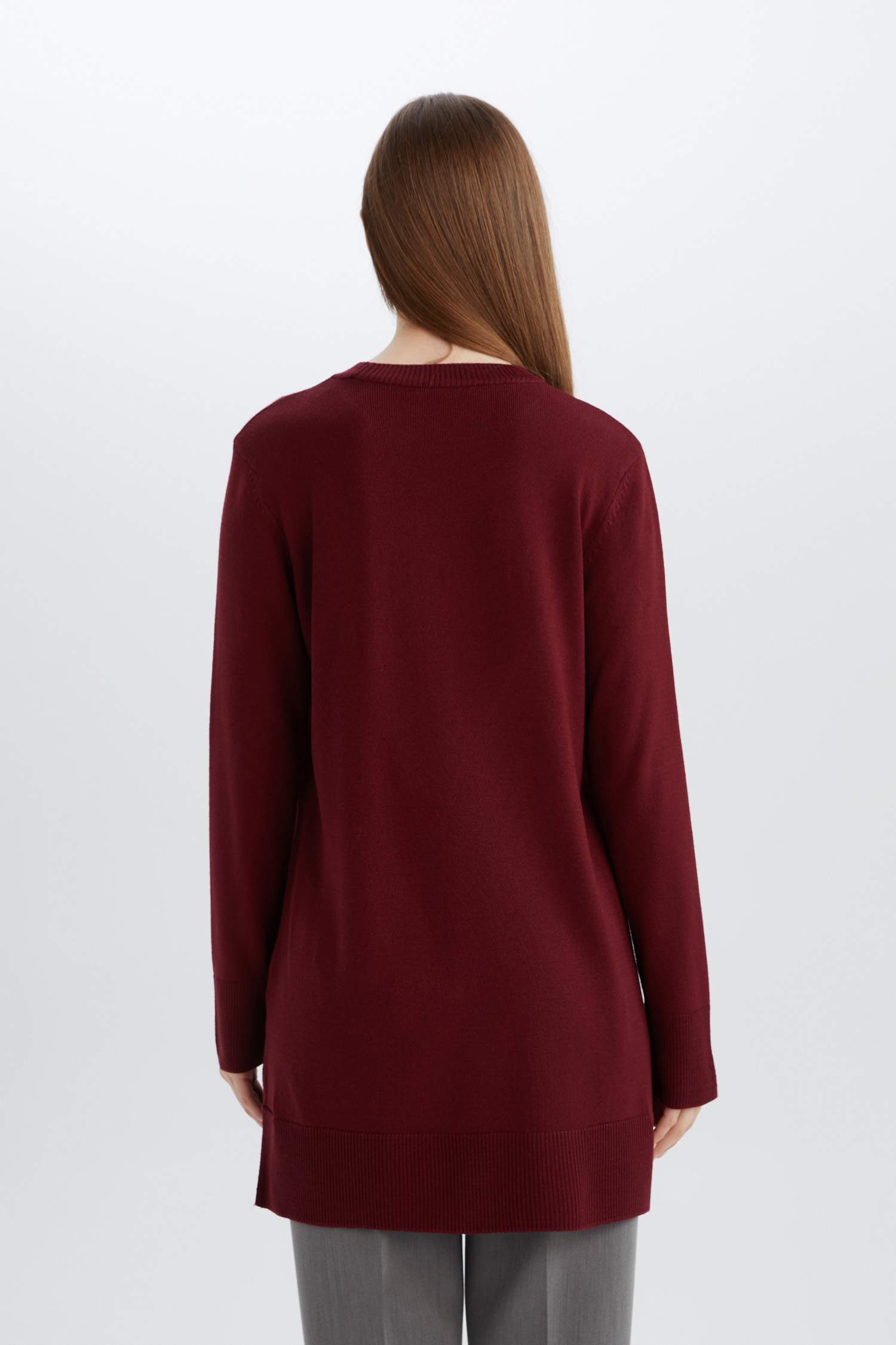 Regular Fit Bisiklet Yaka Yırtmaçlı Basic Düz Triko Kazak Tunik