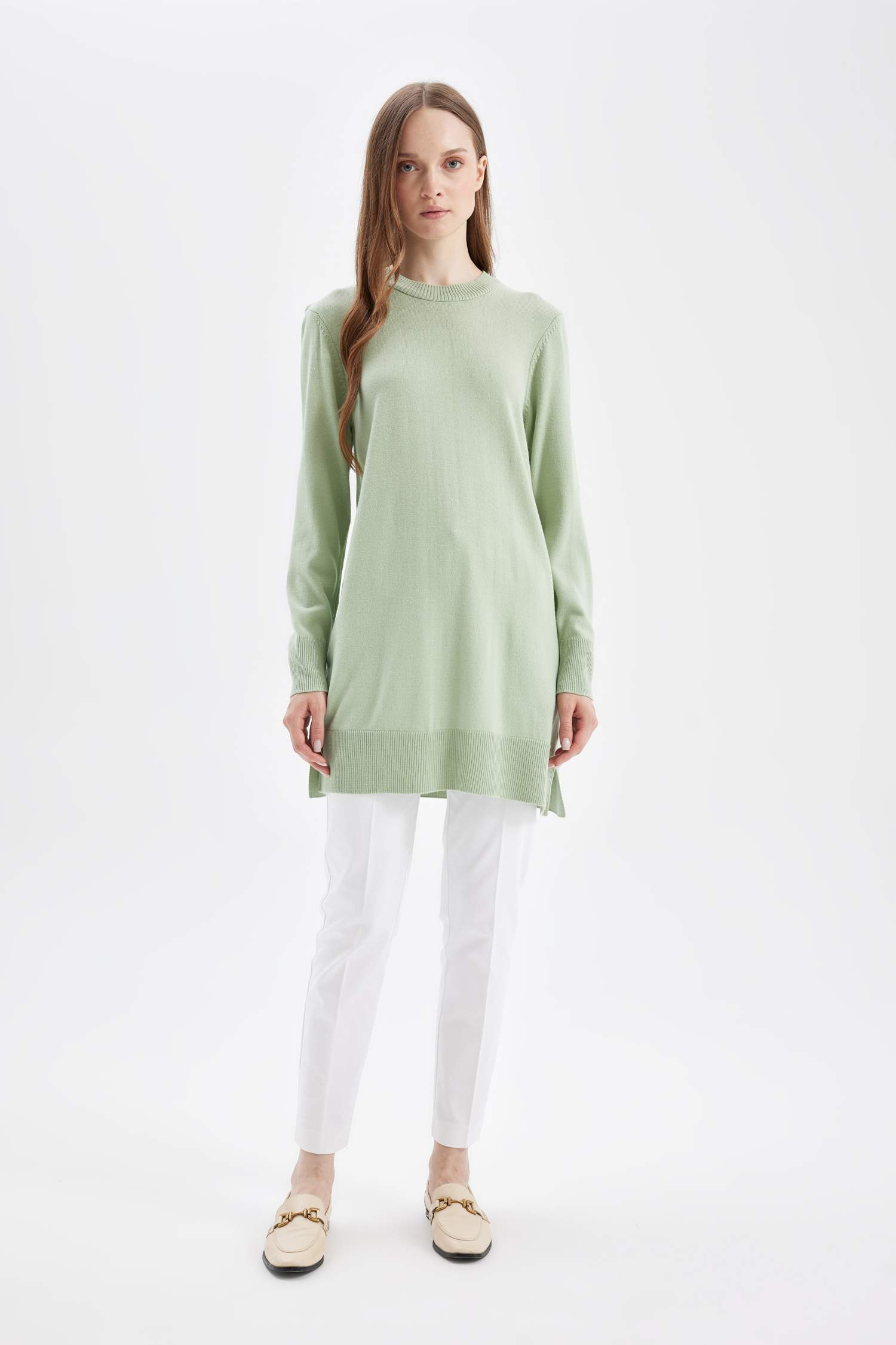 Regular Fit Bisiklet Yaka Yırtmaçlı Basic Düz Triko Kazak Tunik