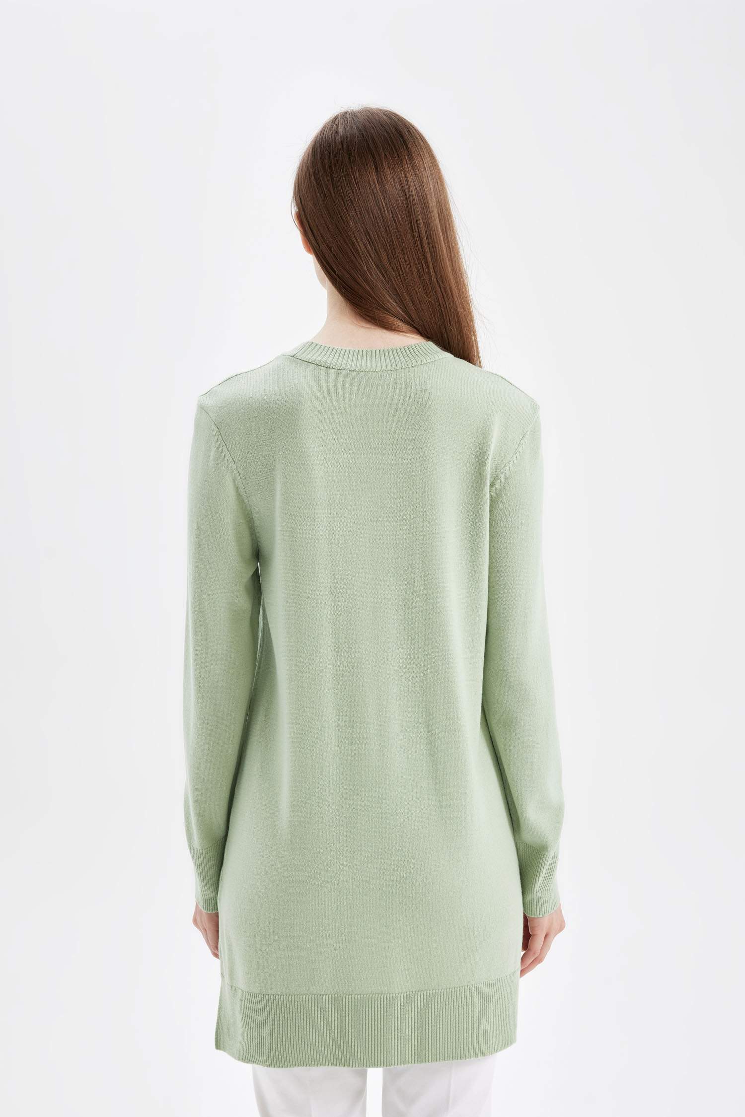 Regular Fit Bisiklet Yaka Yırtmaçlı Basic Düz Triko Kazak Tunik