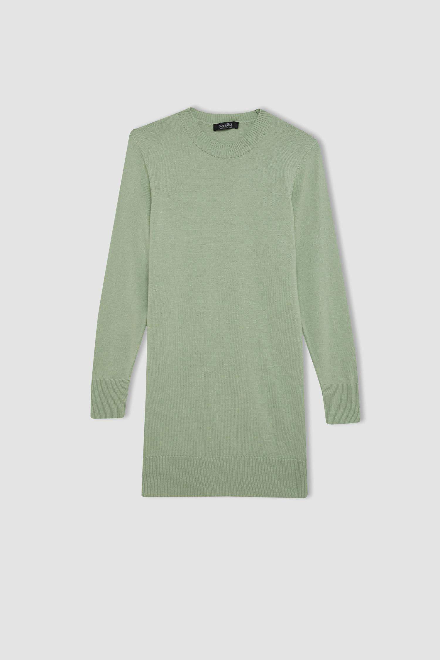 Regular Fit Bisiklet Yaka Yırtmaçlı Basic Düz Triko Kazak Tunik