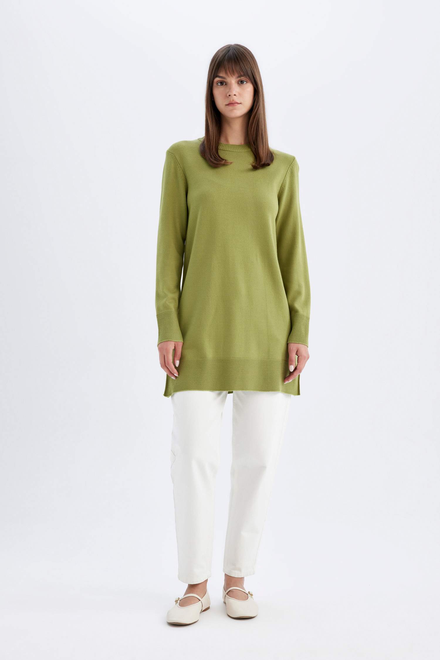 Regular Fit Bisiklet Yaka Yırtmaçlı Basic Düz Triko Kazak Tunik