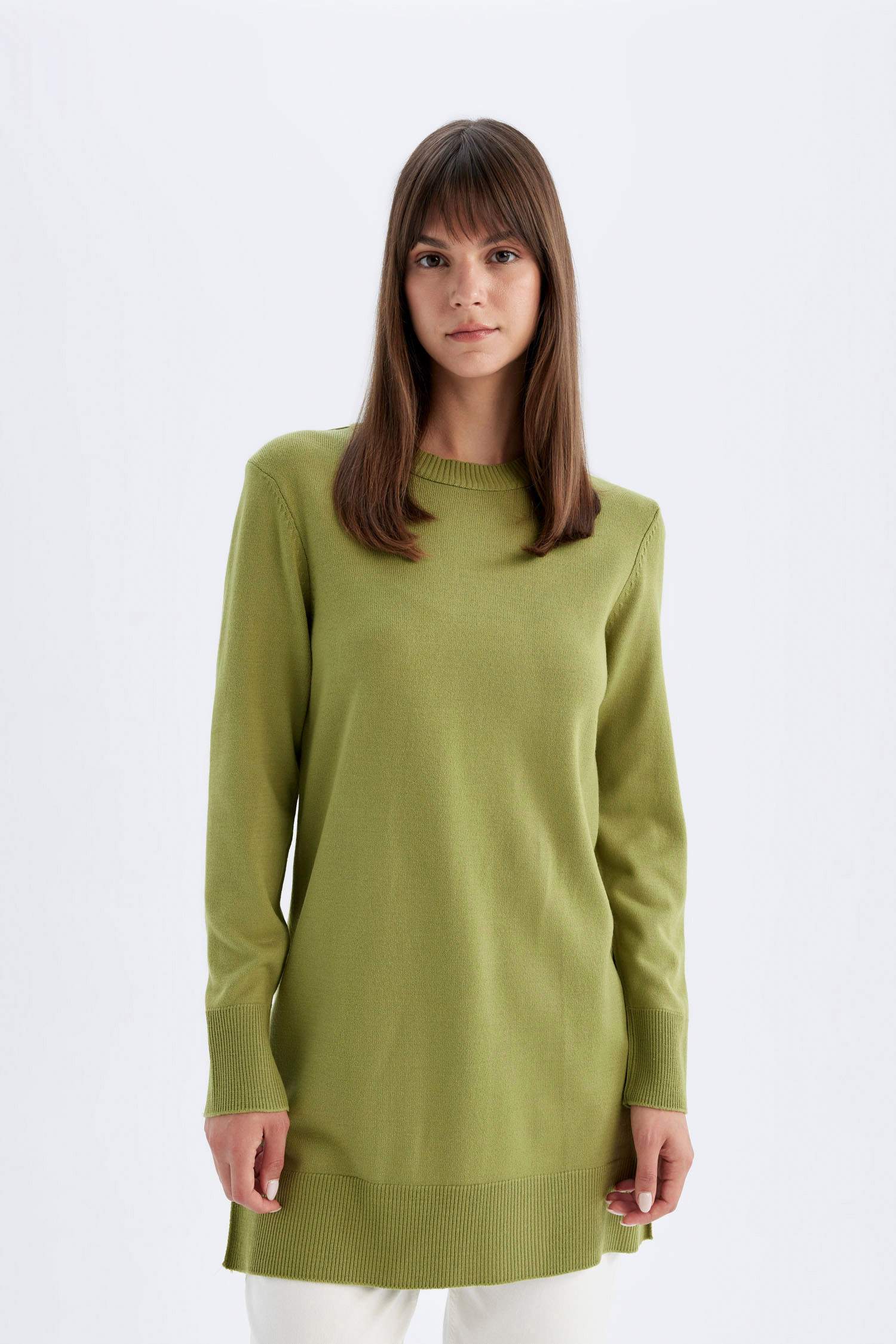 Regular Fit Bisiklet Yaka Yırtmaçlı Basic Düz Triko Kazak Tunik