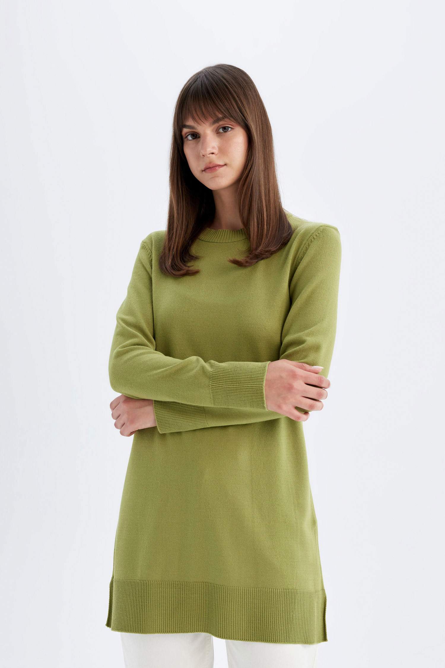 Regular Fit Bisiklet Yaka Yırtmaçlı Basic Düz Triko Kazak Tunik