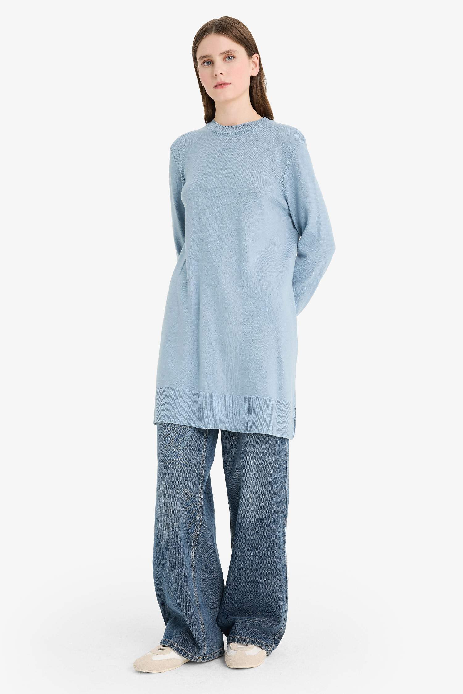 Regular Fit Bisiklet Yaka Yırtmaçlı Basic Düz Triko Kazak Tunik