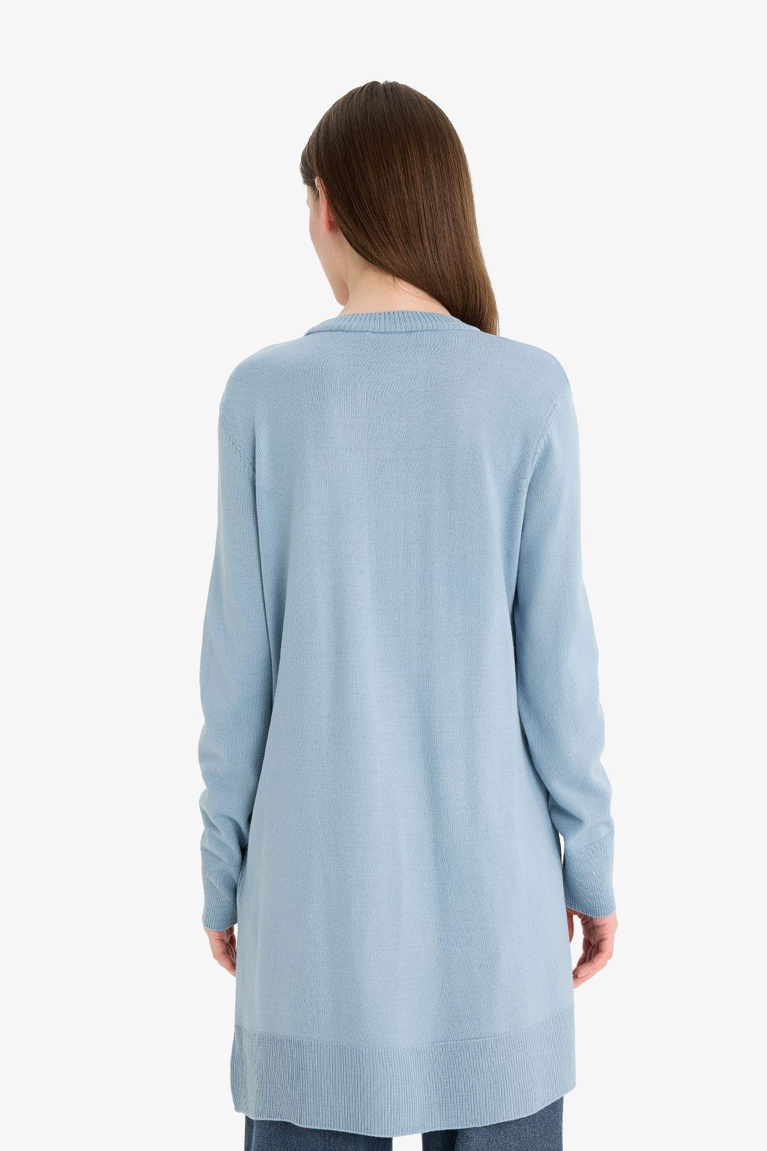 Regular Fit Bisiklet Yaka Yırtmaçlı Basic Düz Triko Kazak Tunik