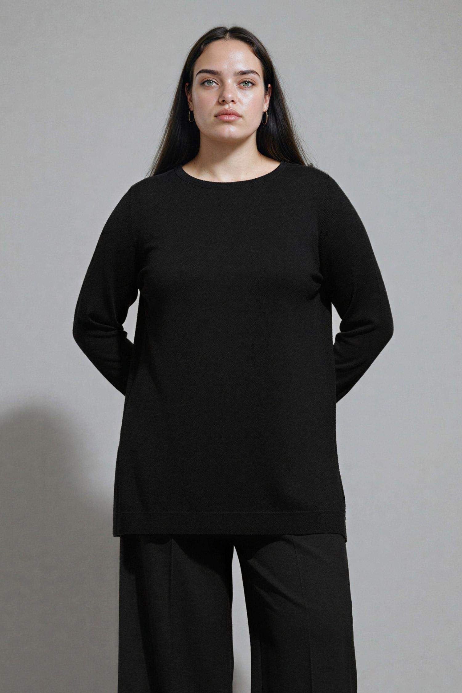 Regular Fit Bisiklet Yaka Yırtmaçlı Basic Düz Triko Kazak Tunik