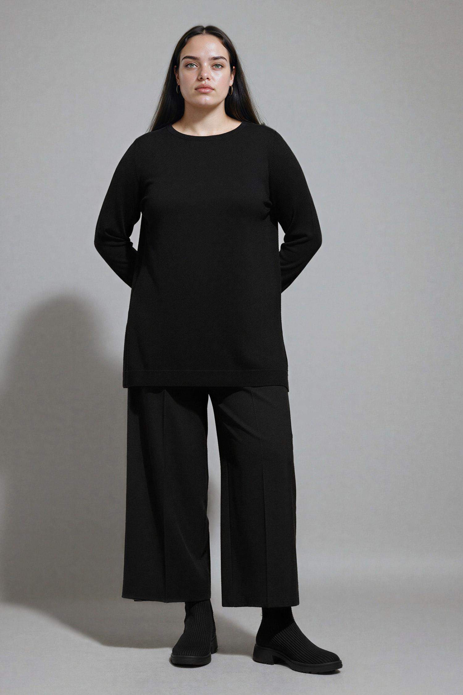 Regular Fit Bisiklet Yaka Yırtmaçlı Basic Düz Triko Kazak Tunik