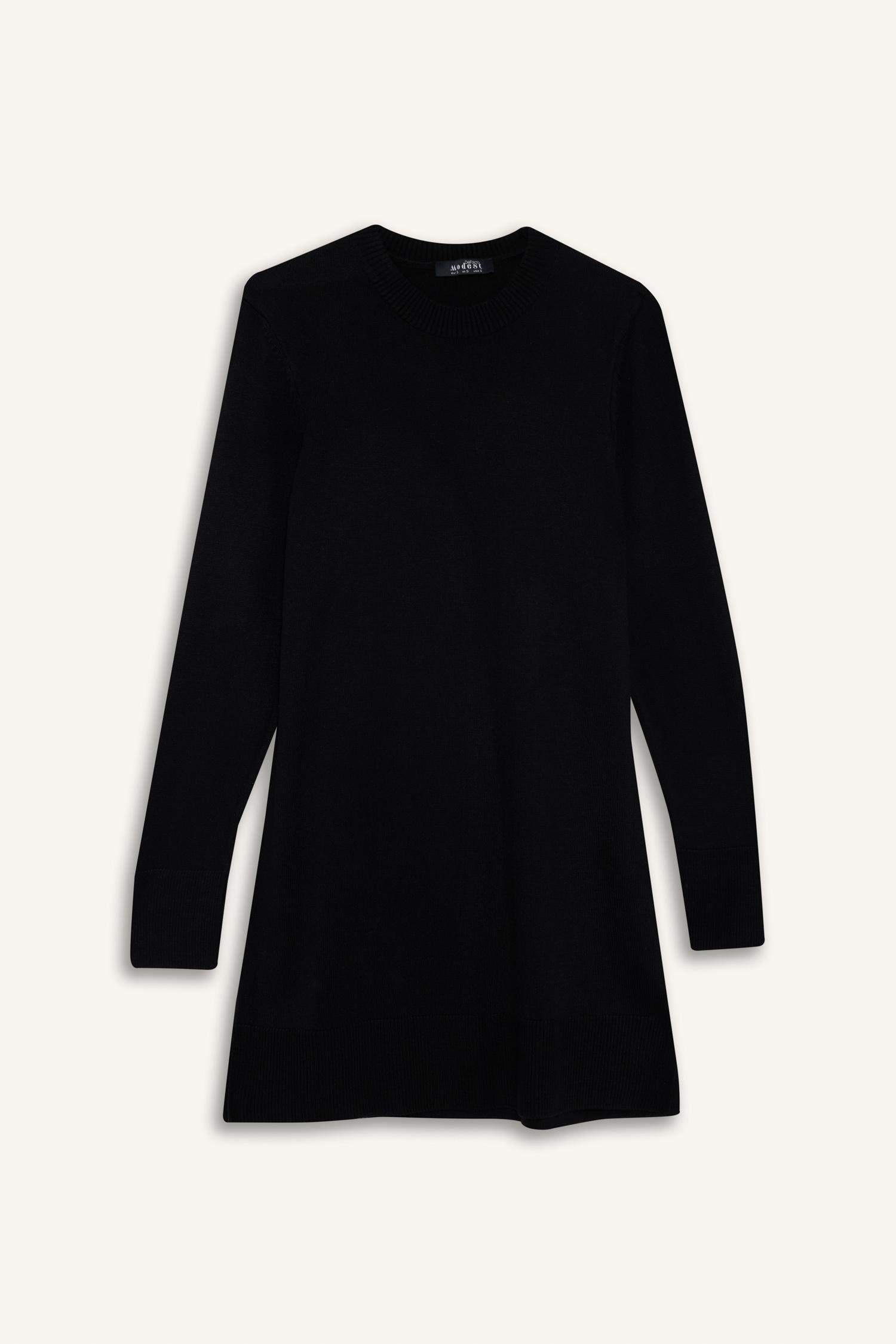 Regular Fit Bisiklet Yaka Yırtmaçlı Basic Düz Triko Kazak Tunik