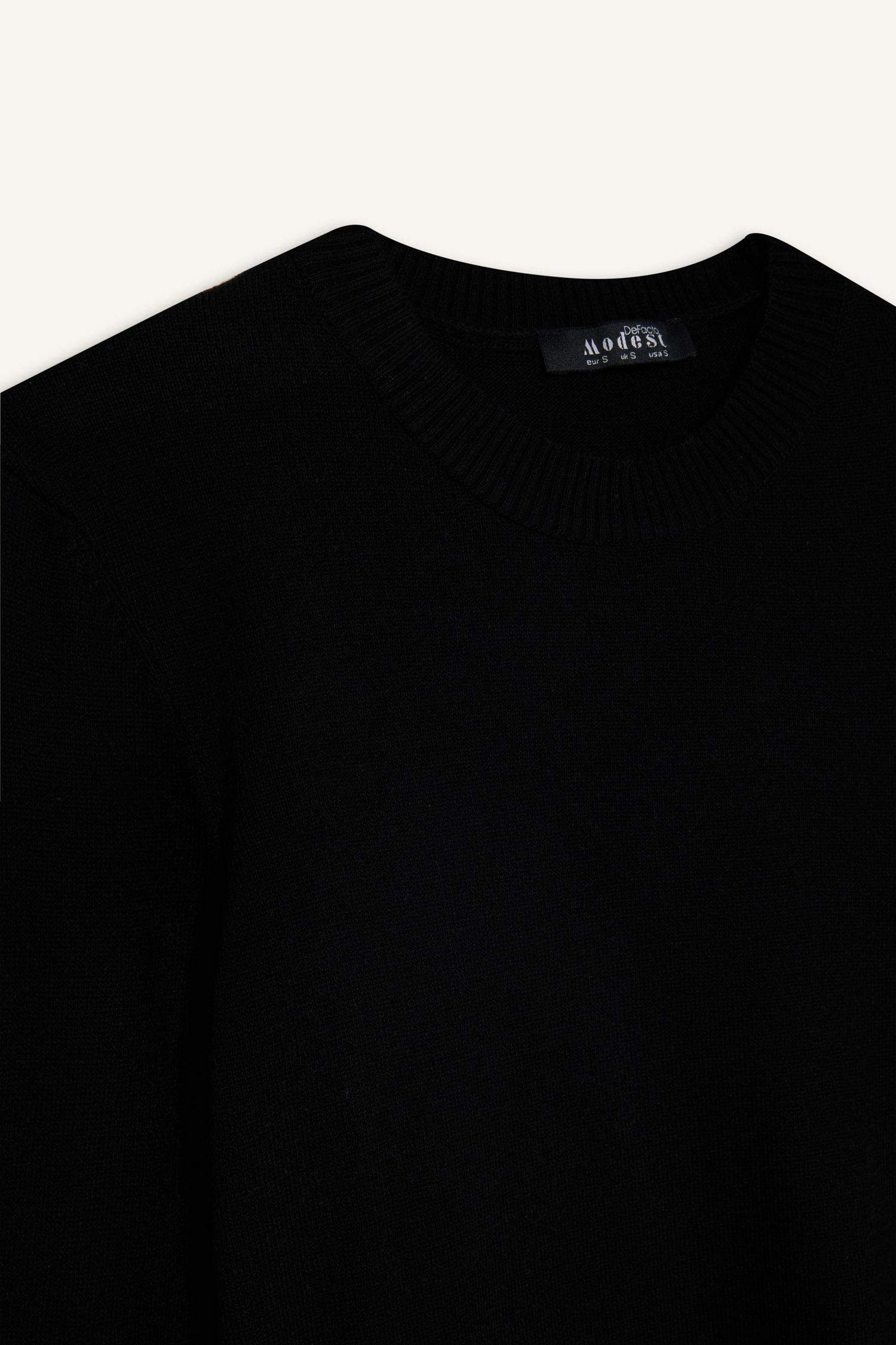 Regular Fit Bisiklet Yaka Yırtmaçlı Basic Düz Triko Kazak Tunik