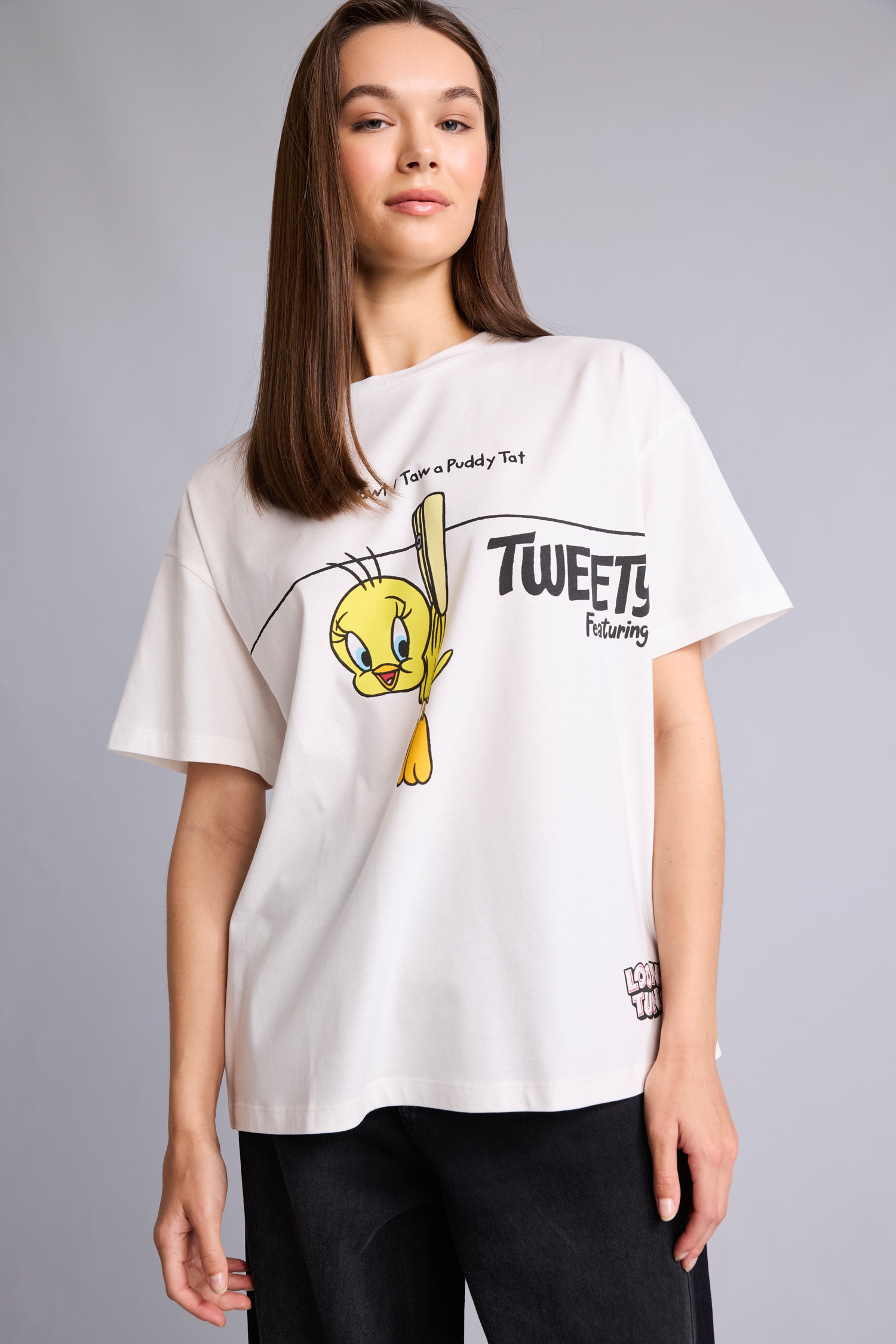 DeFacto %100 Pamuk Looney Tunes Oversıze Baskılı Kısa Kollu Tişört görsel 3