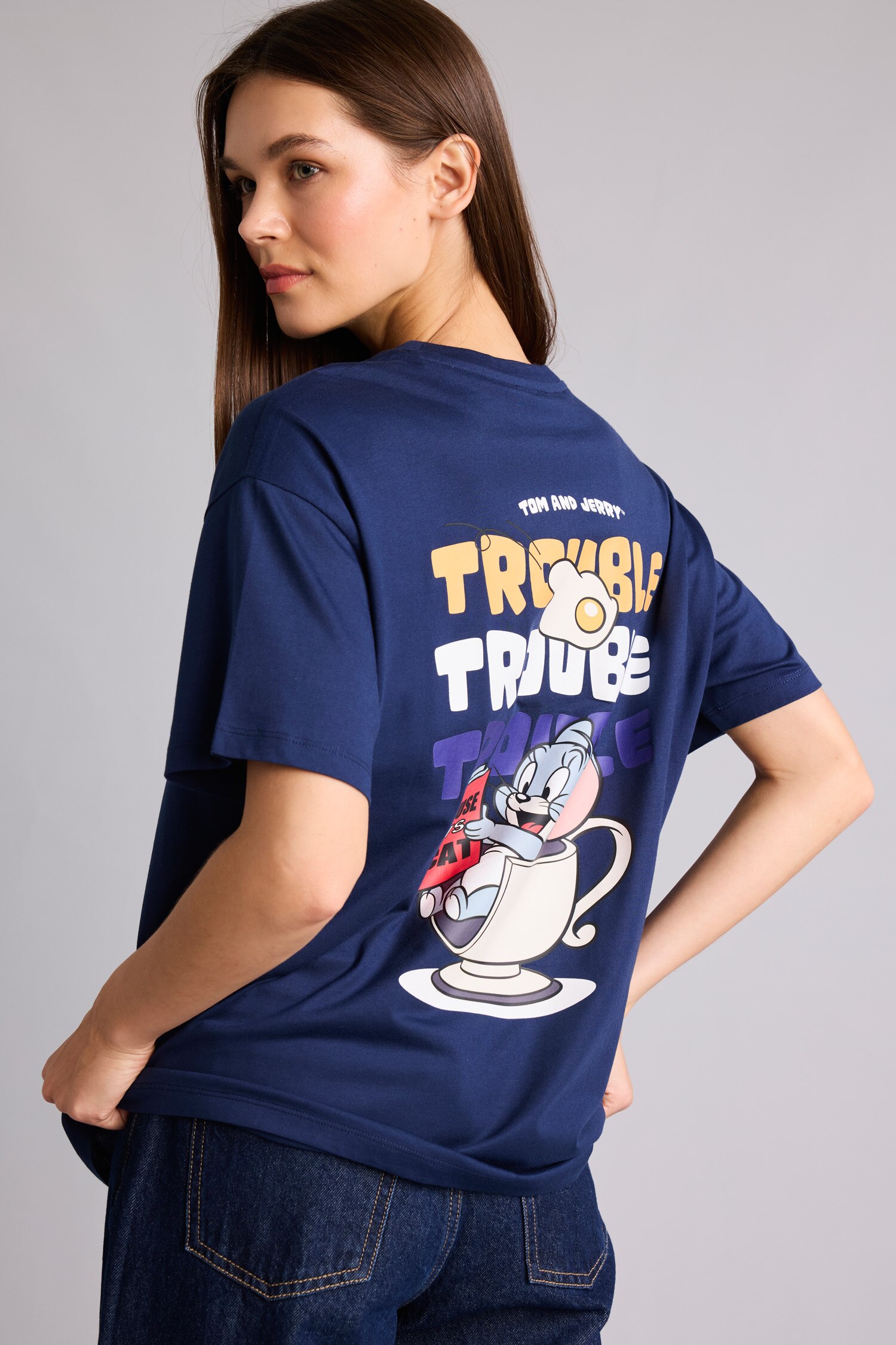 トップス RT-8014899577 Lacivert Kadın %100 Pamuk Tom & Jerry Oversıze Kısa Kollu Tişört