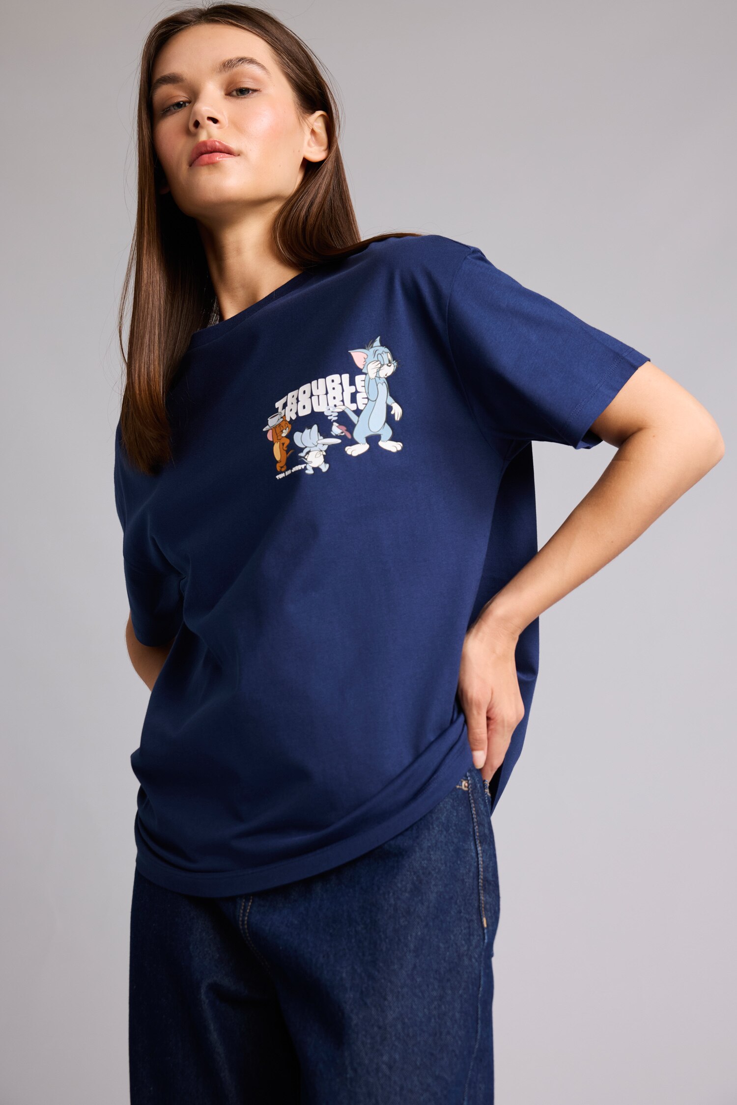 Lacivert Kadın %100 Pamuk Tom & Jerry Oversıze Kısa Kollu Tişört