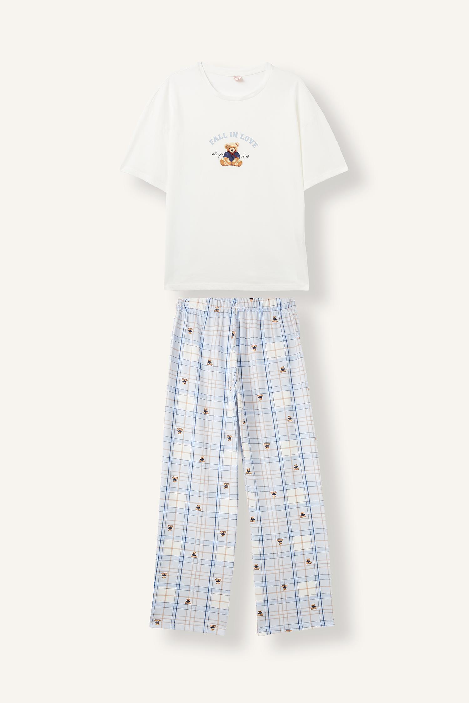 DeFacto Regular Fıt Kısa Kollu Ayıcık Baskılı Üst Çizgili Alt Pijama Takımı görsel 6