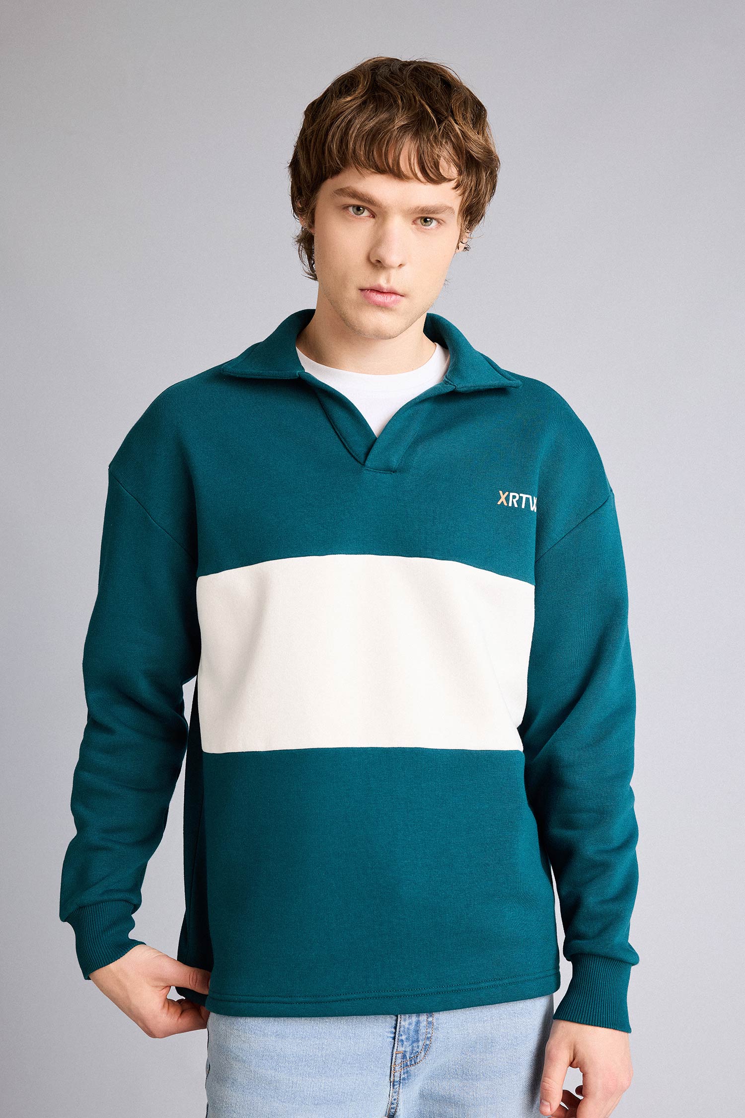 DeFacto Boxy Fıt Polo Yaka Sweatshirt görsel 3