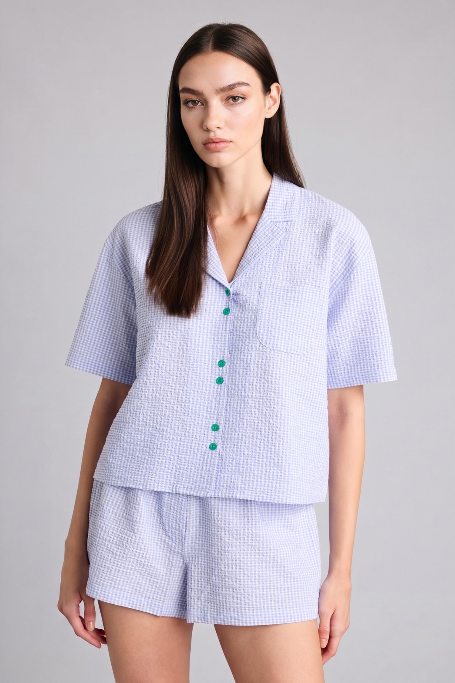 DeFacto Regular Fıt Kısa Kollu Düğmeli Üst Kısa Paça Şort Dokuma Pijama Takımı görsel 3