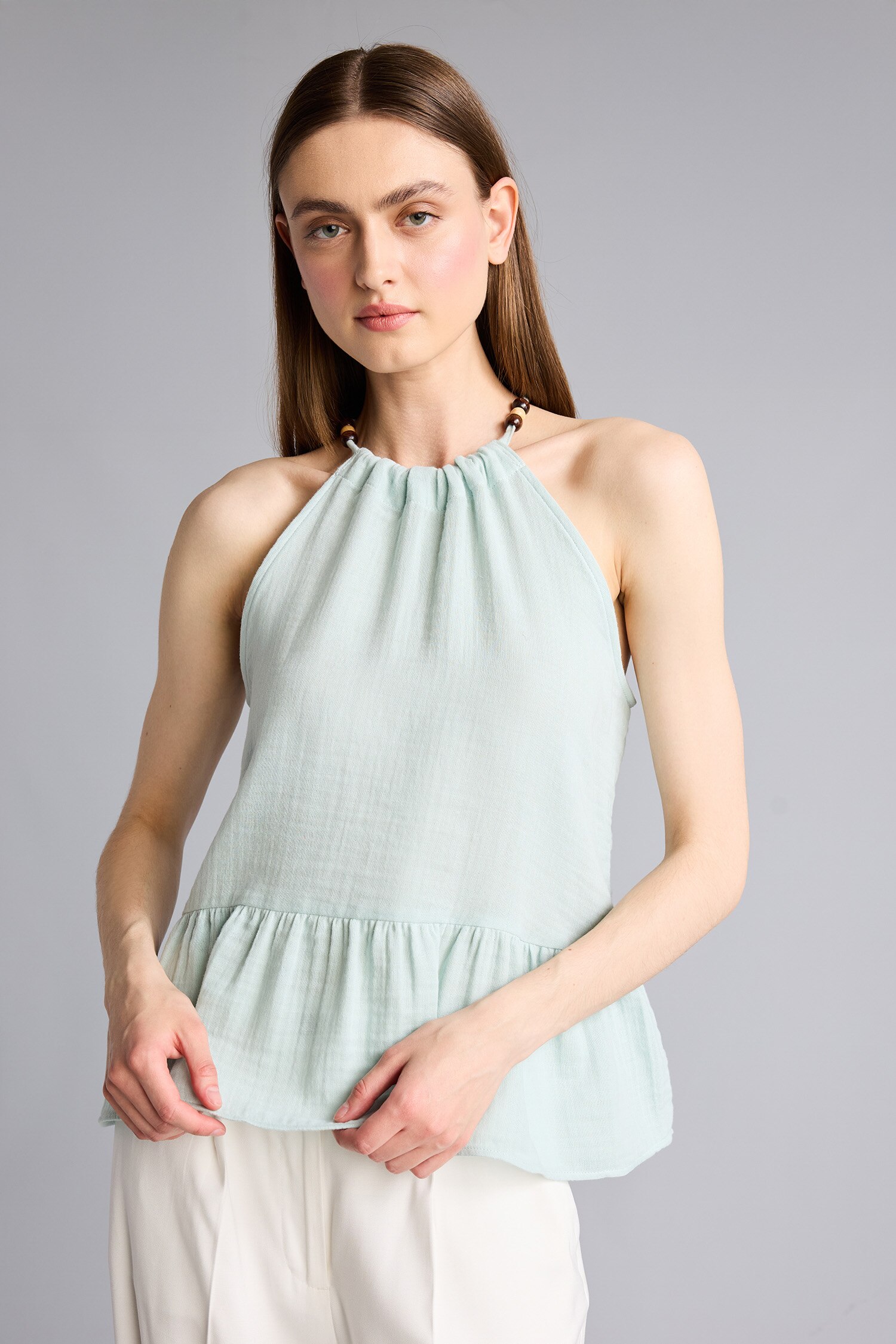 DeFacto %100 Pamuk Regular Fit Halter Yaka Müslin Bluz görsel 5