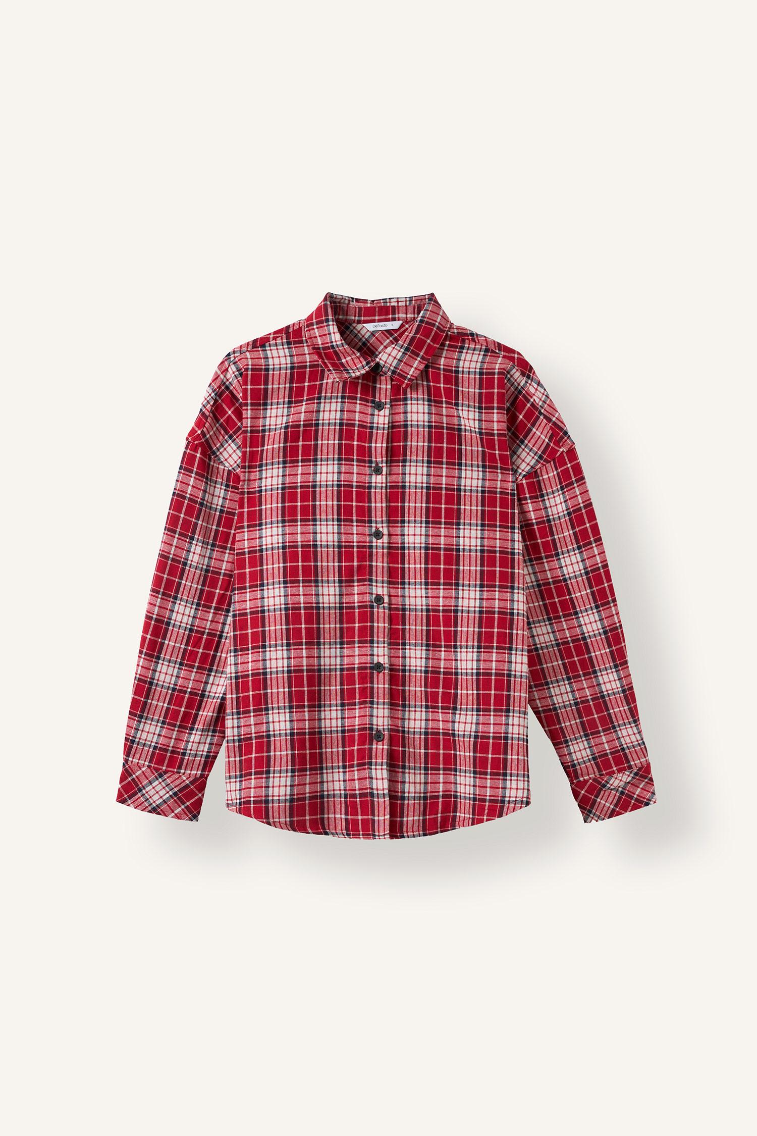 DeFacto %100 Pamuk Oversize Kareli Flanel Gömlek görsel 6
