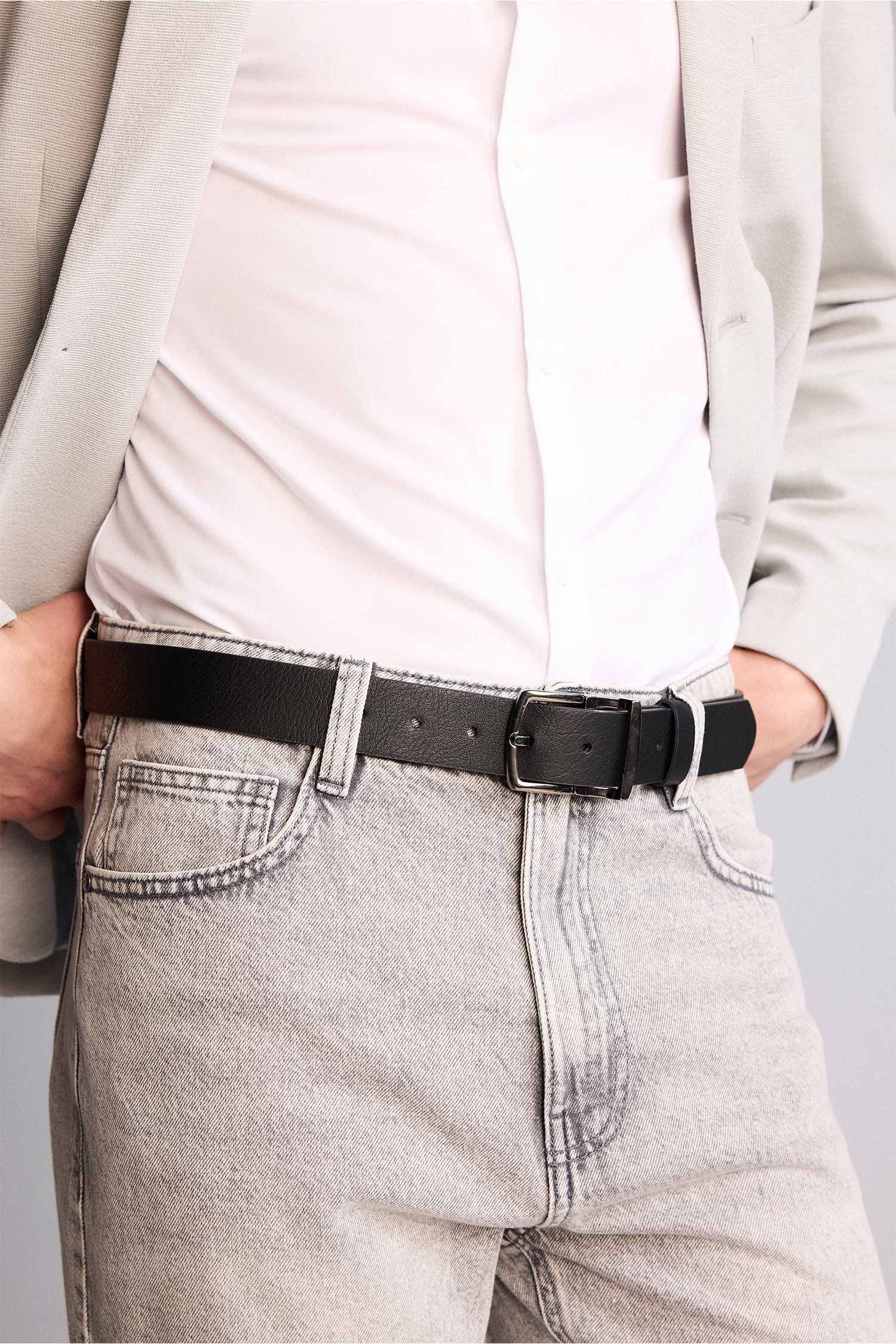 DeFacto Erkek Dikdörtgen Toka Suni Deri Jean Kemeri görsel 2