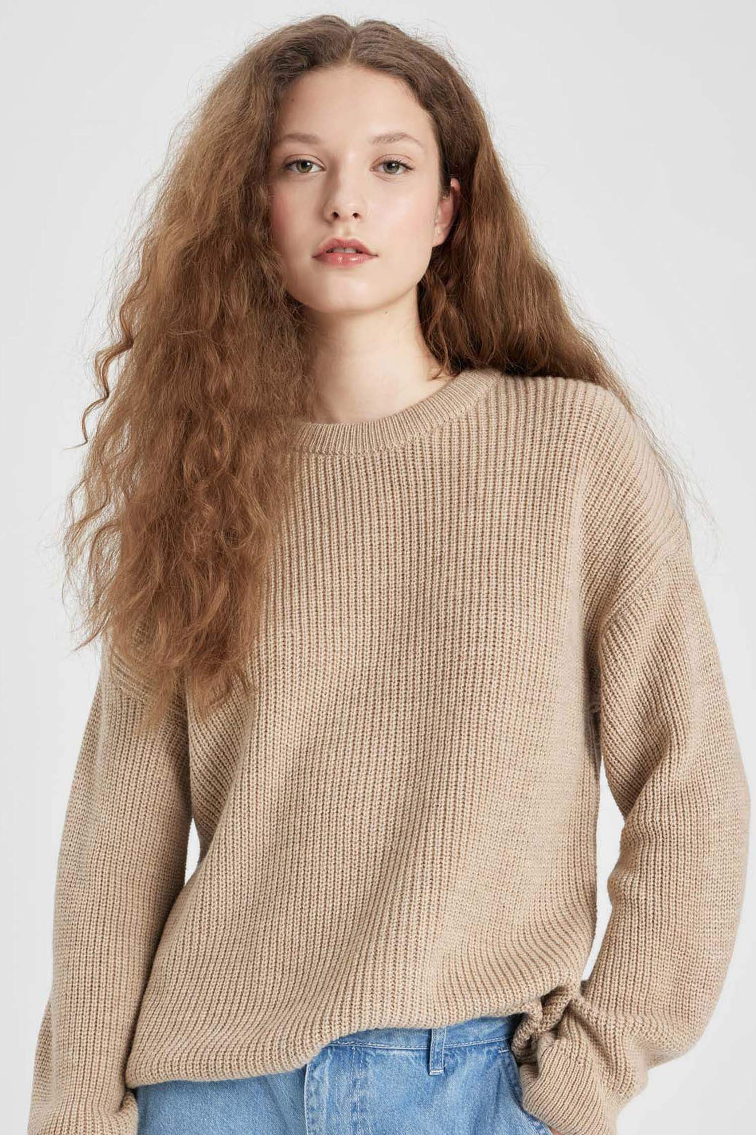 Regular Fit Bisiklet Yaka Selanik Kumaş Basic Düz Triko Kazak