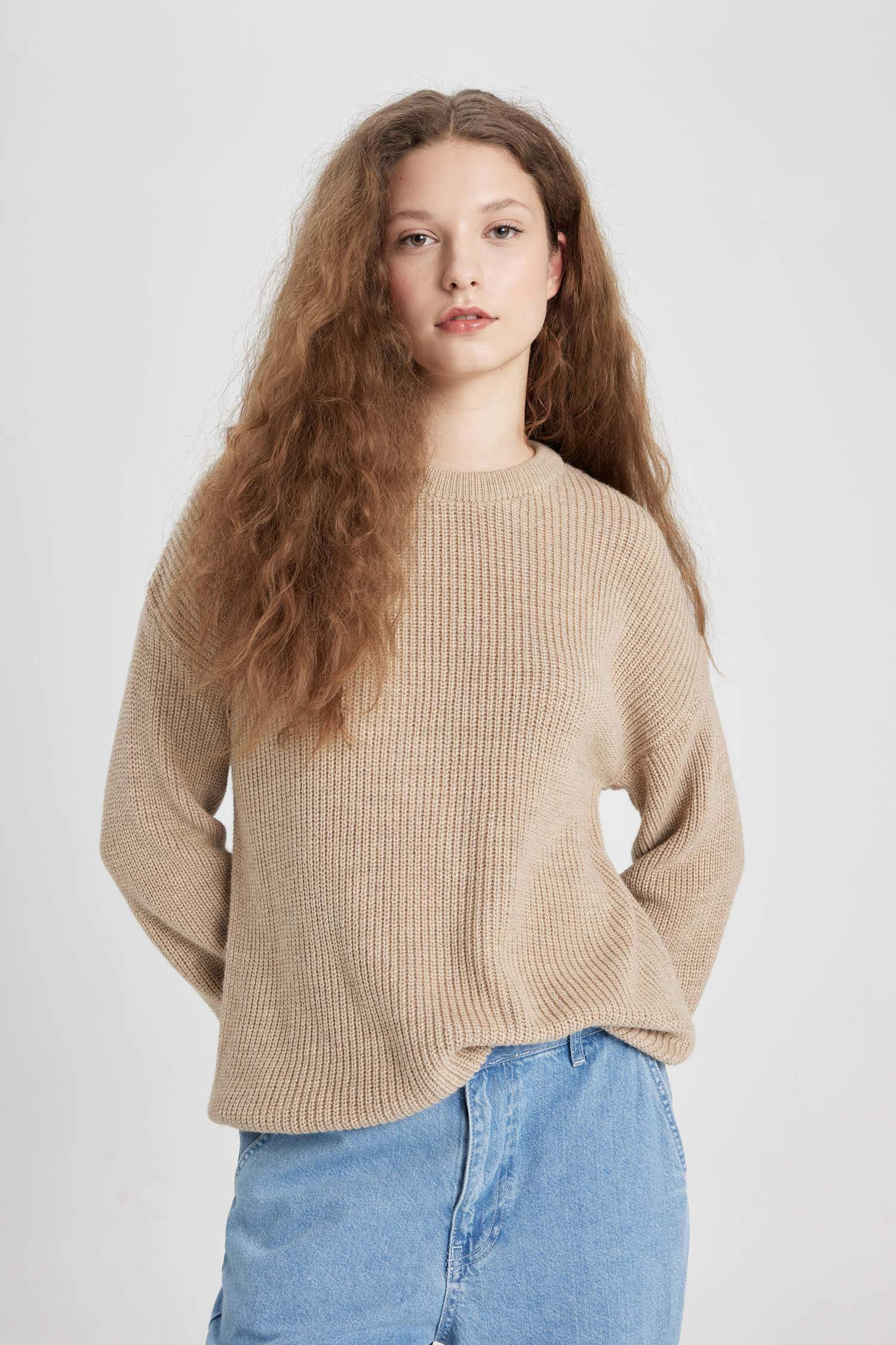 Regular Fit Bisiklet Yaka Selanik Kumaş Basic Düz Triko Kazak