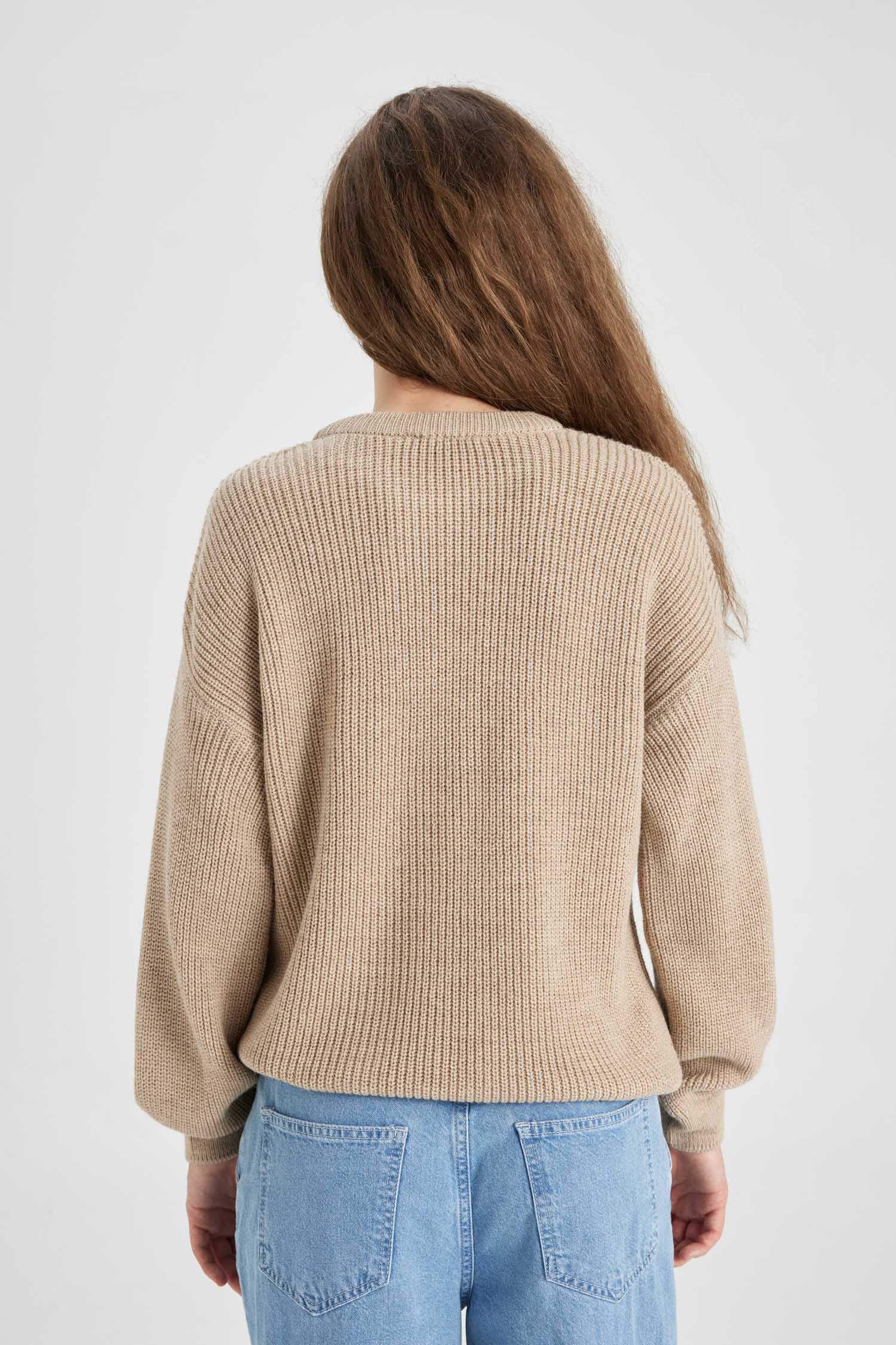 Regular Fit Bisiklet Yaka Selanik Kumaş Basic Düz Triko Kazak