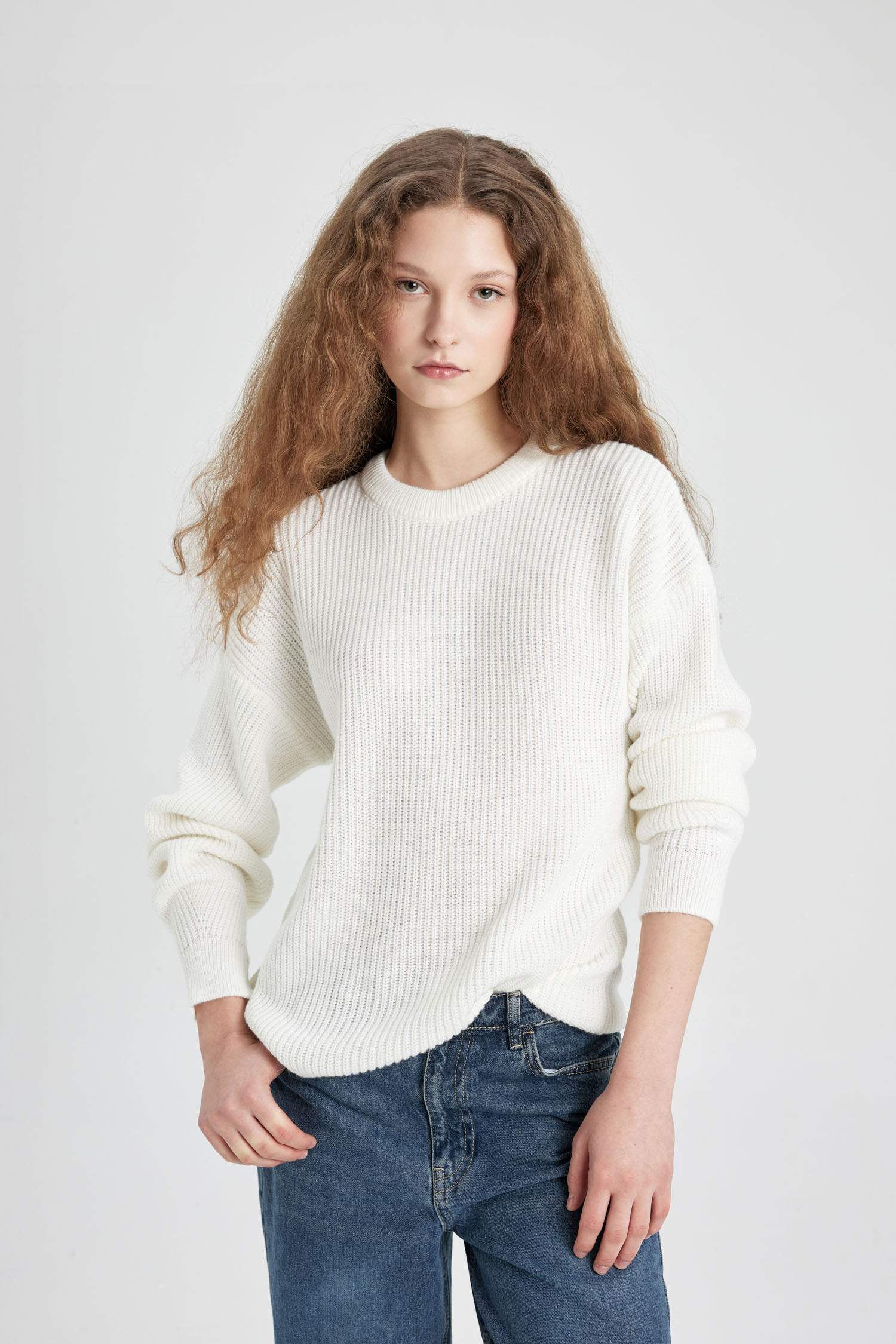 Regular Fit Bisiklet Yaka Selanik Kumaş Basic Düz Triko Kazak