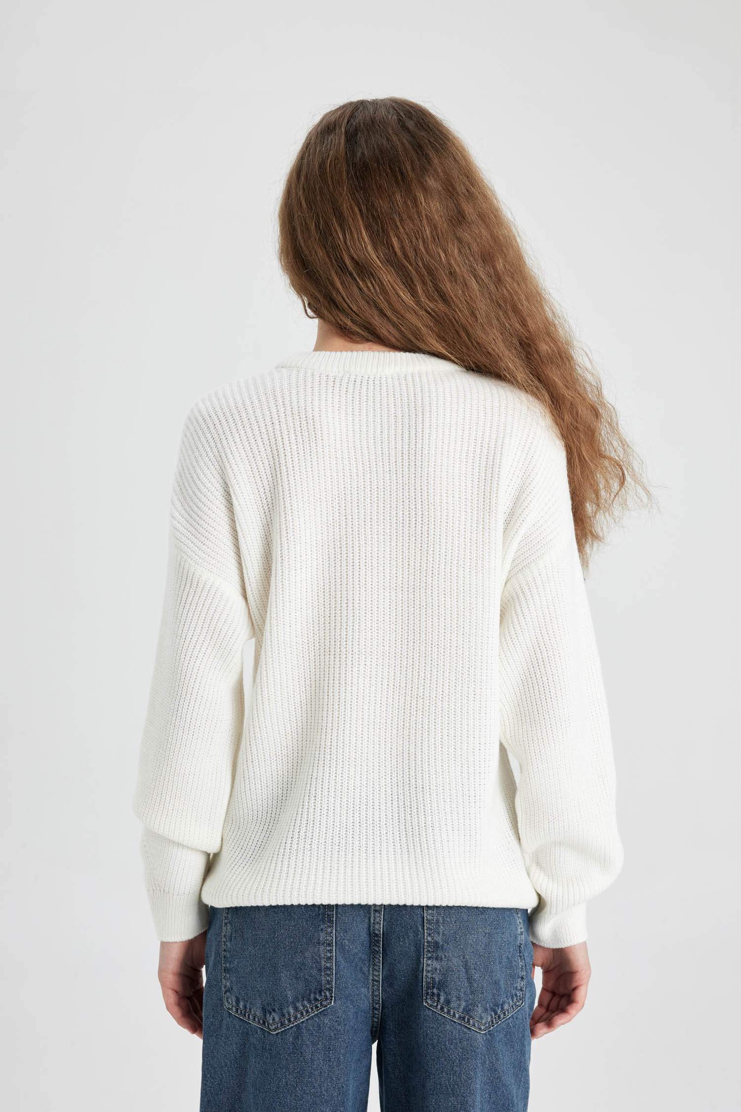 Regular Fit Bisiklet Yaka Selanik Kumaş Basic Düz Triko Kazak