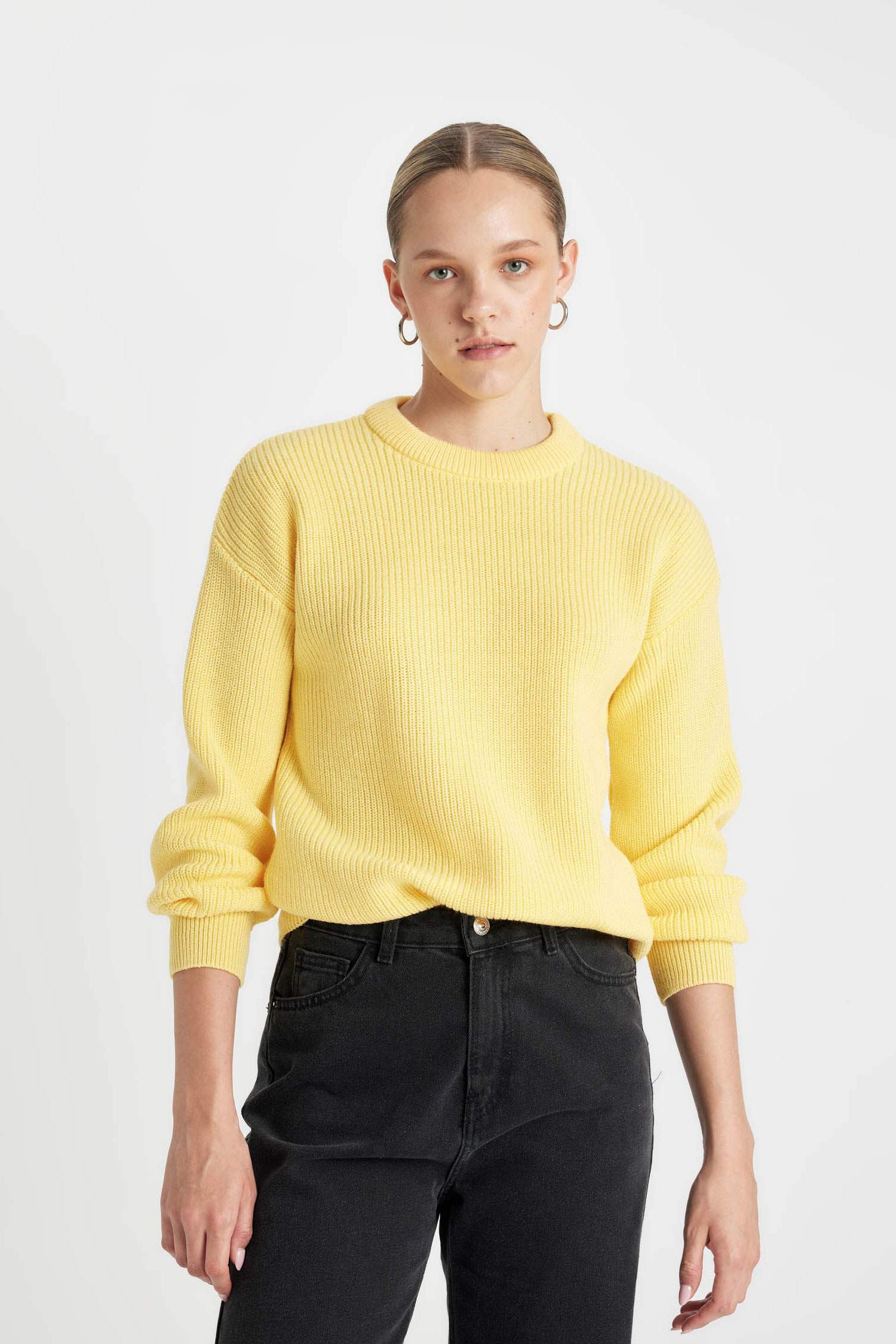 Regular Fit Bisiklet Yaka Selanik Kumaş Basic Düz Triko Kazak