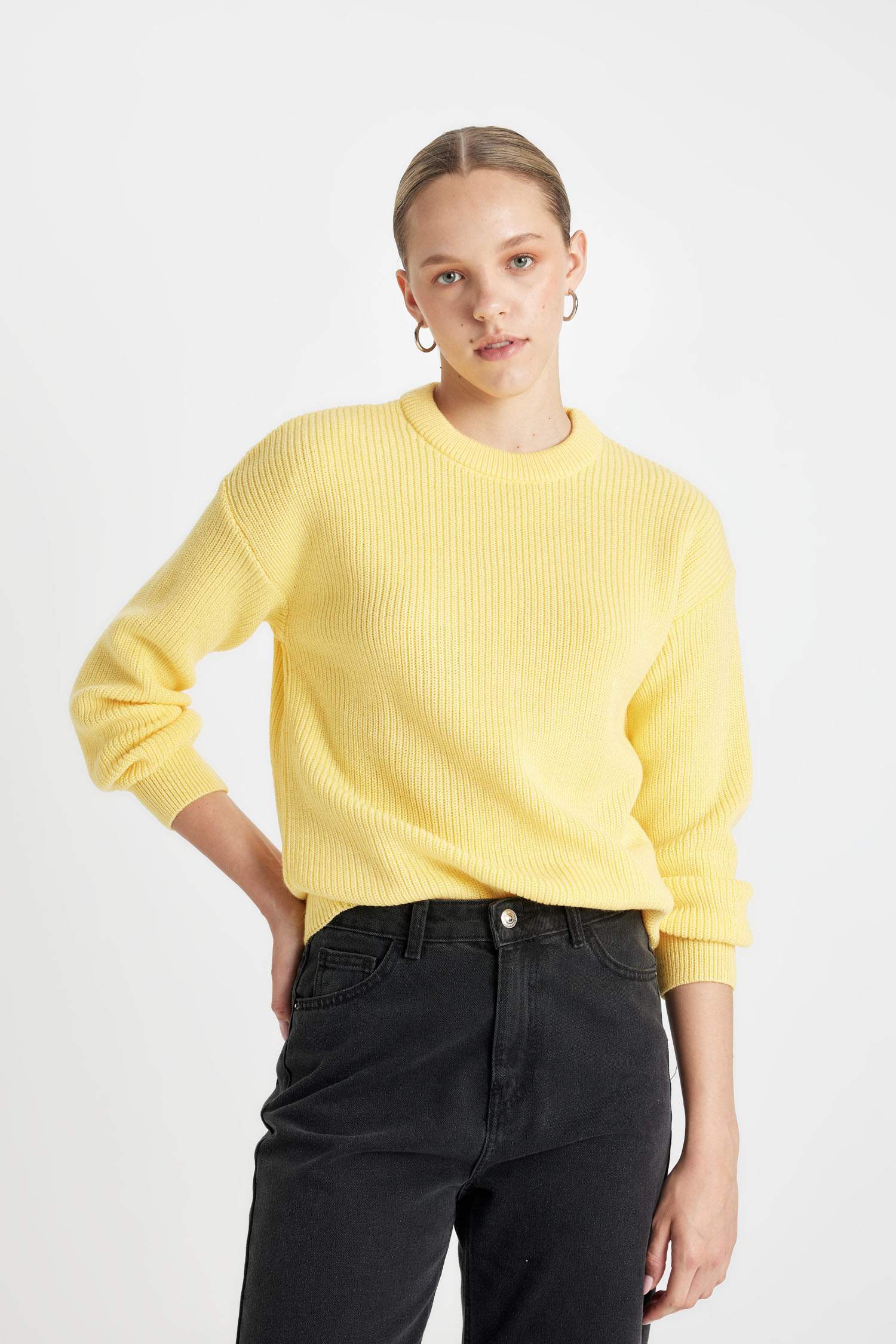 Regular Fit Bisiklet Yaka Selanik Kumaş Basic Düz Triko Kazak