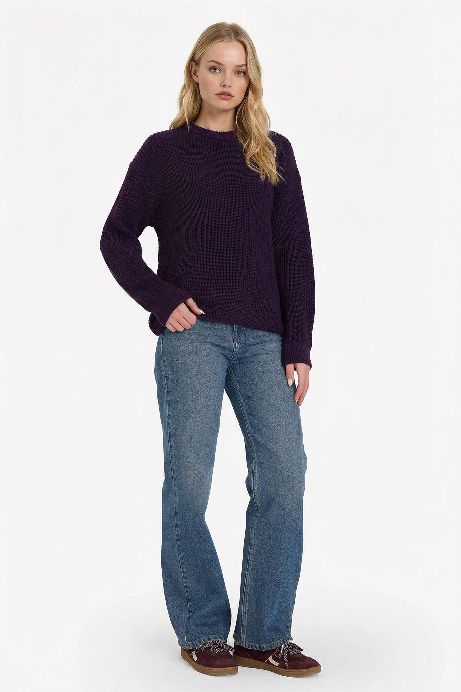 Regular Fit Bisiklet Yaka Selanik Kumaş Basic Düz Triko Kazak