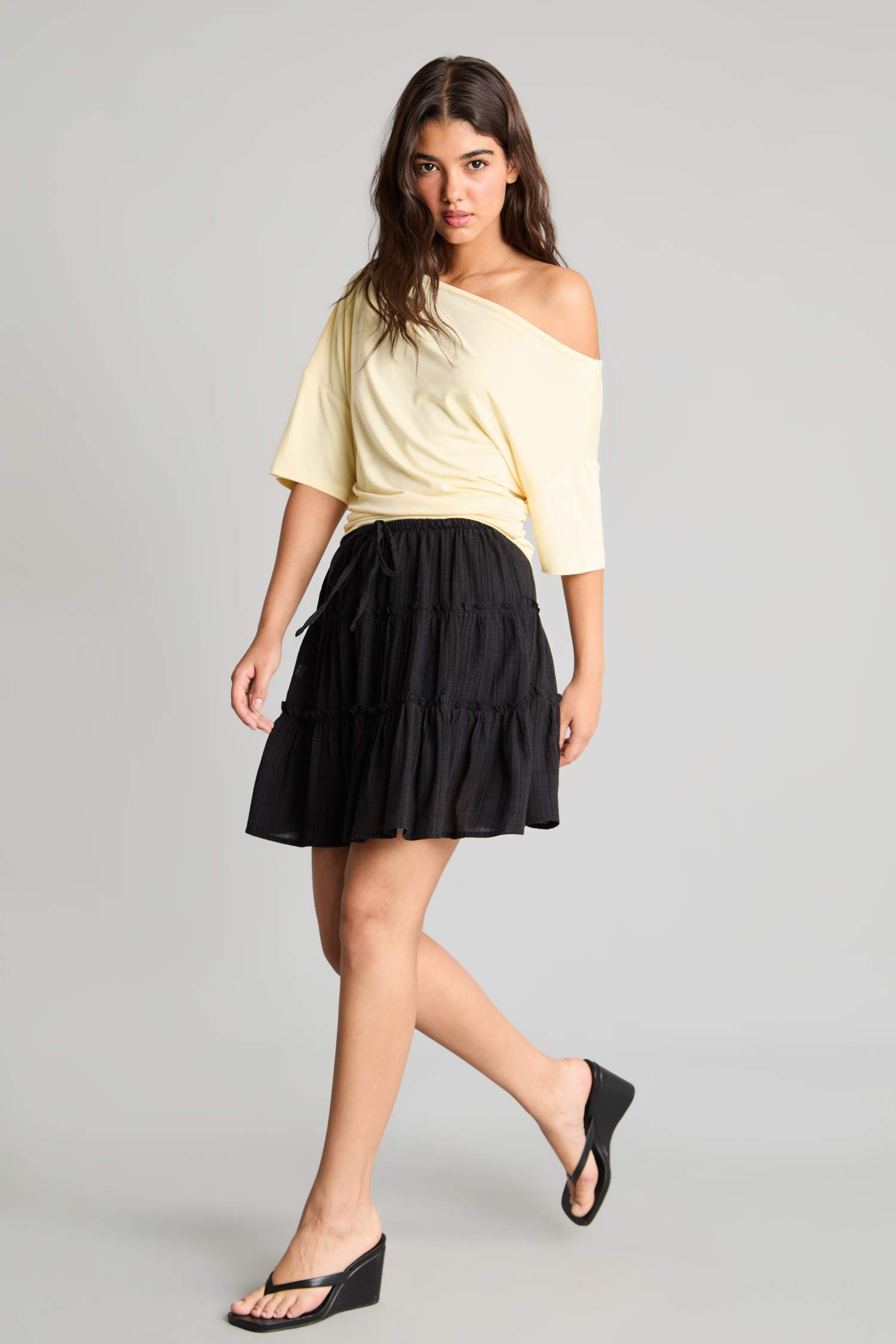 Black WOMAN Linen Look Gathered Waist Black Mini Skirt 3553336