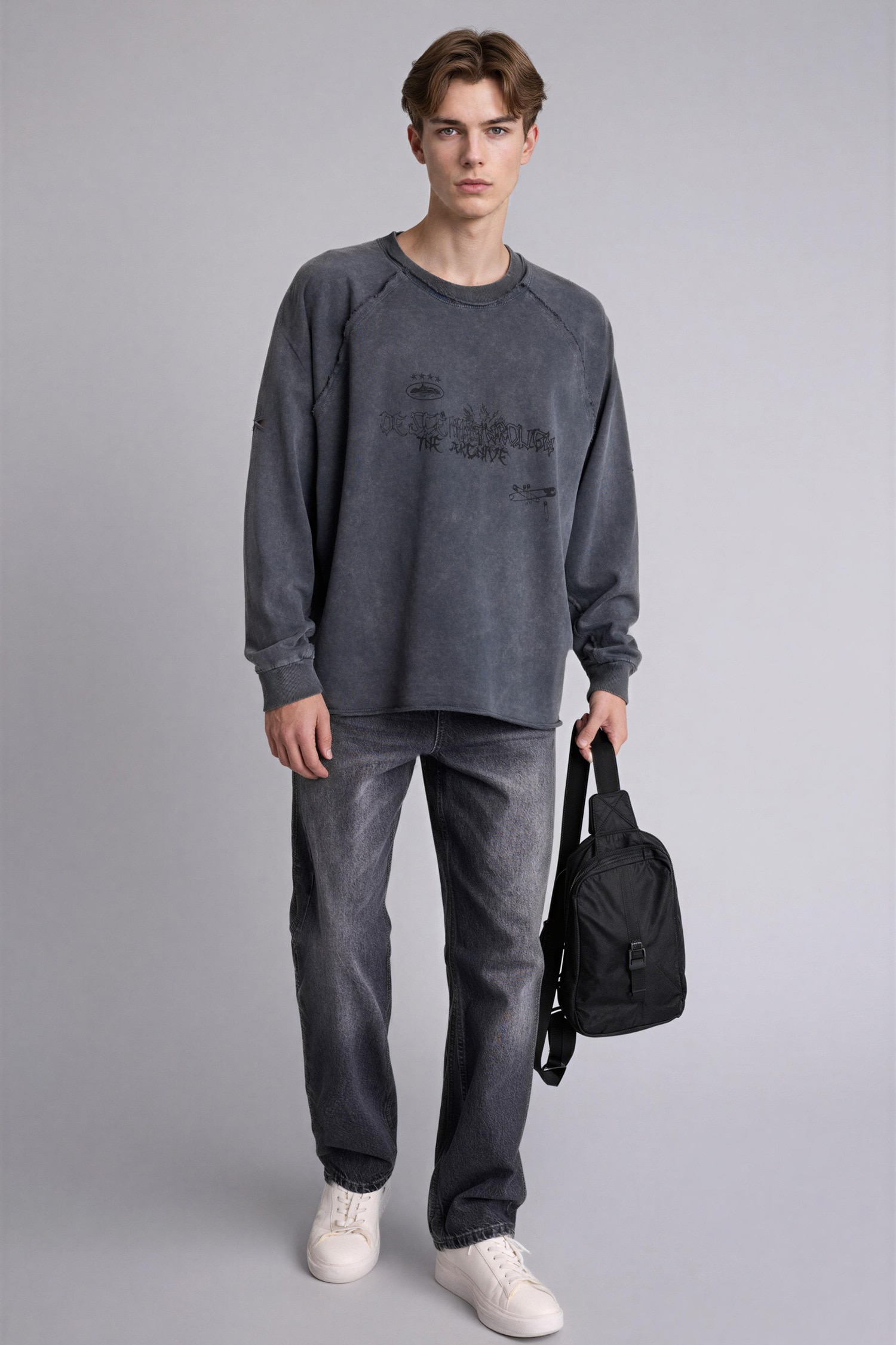 DeFacto %100 Pamuk Boxy Fıt Bisiklet Yaka Sweatshirt görsel 2