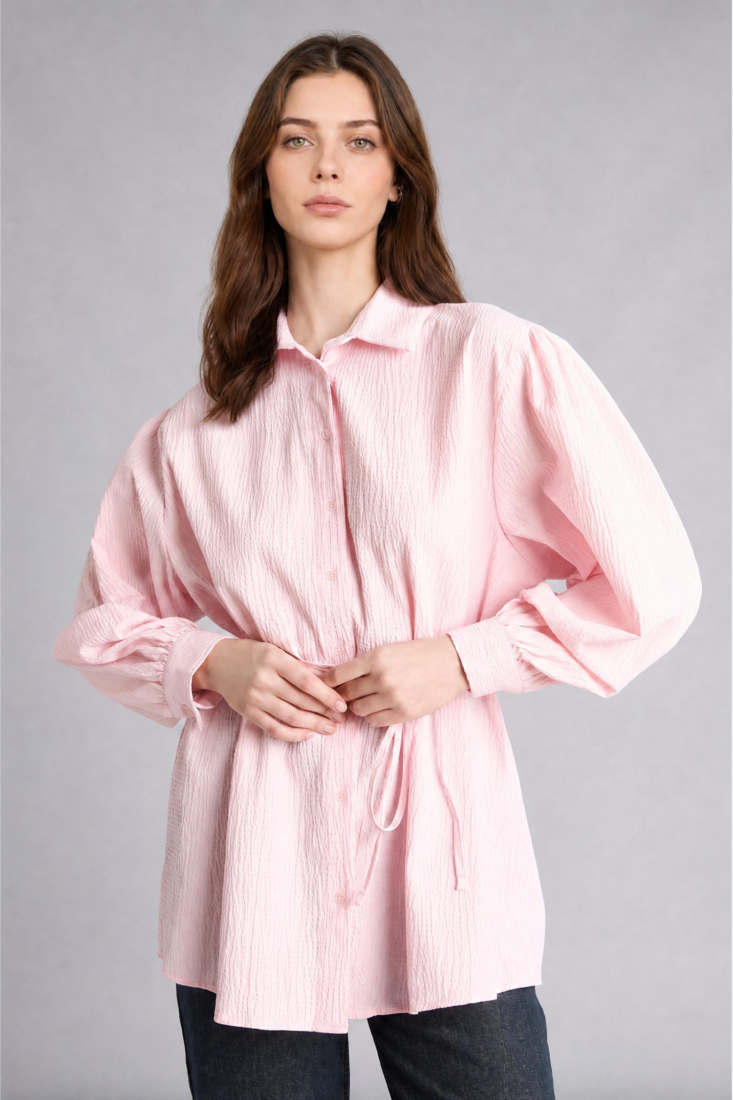 DeFacto Relaxed Fit Uzun Kollu Kırışık Dokulu Tunik