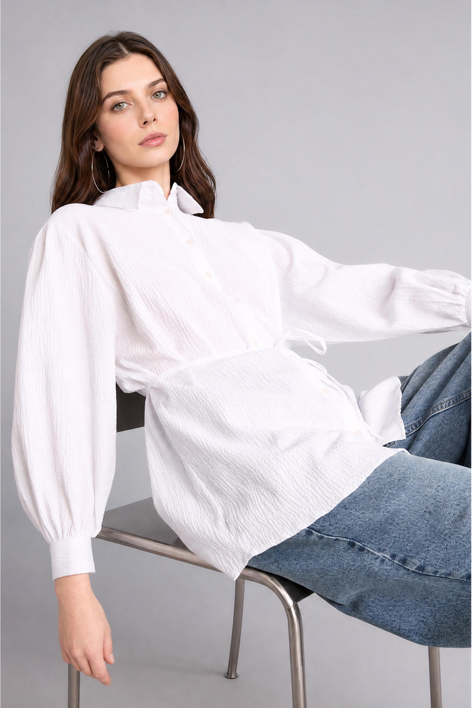 DeFacto Relaxed Fit Uzun Kollu Kırışık Dokulu Tunik