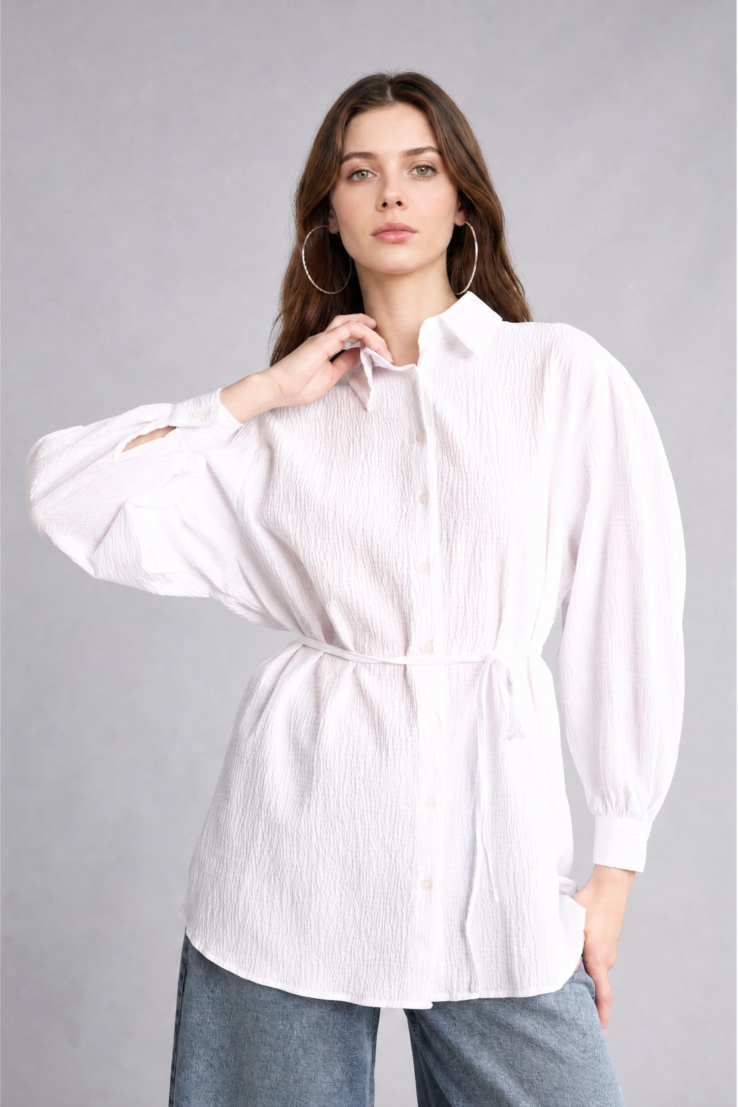 DeFacto Relaxed Fit Uzun Kollu Kırışık Dokulu Tunik görsel 3
