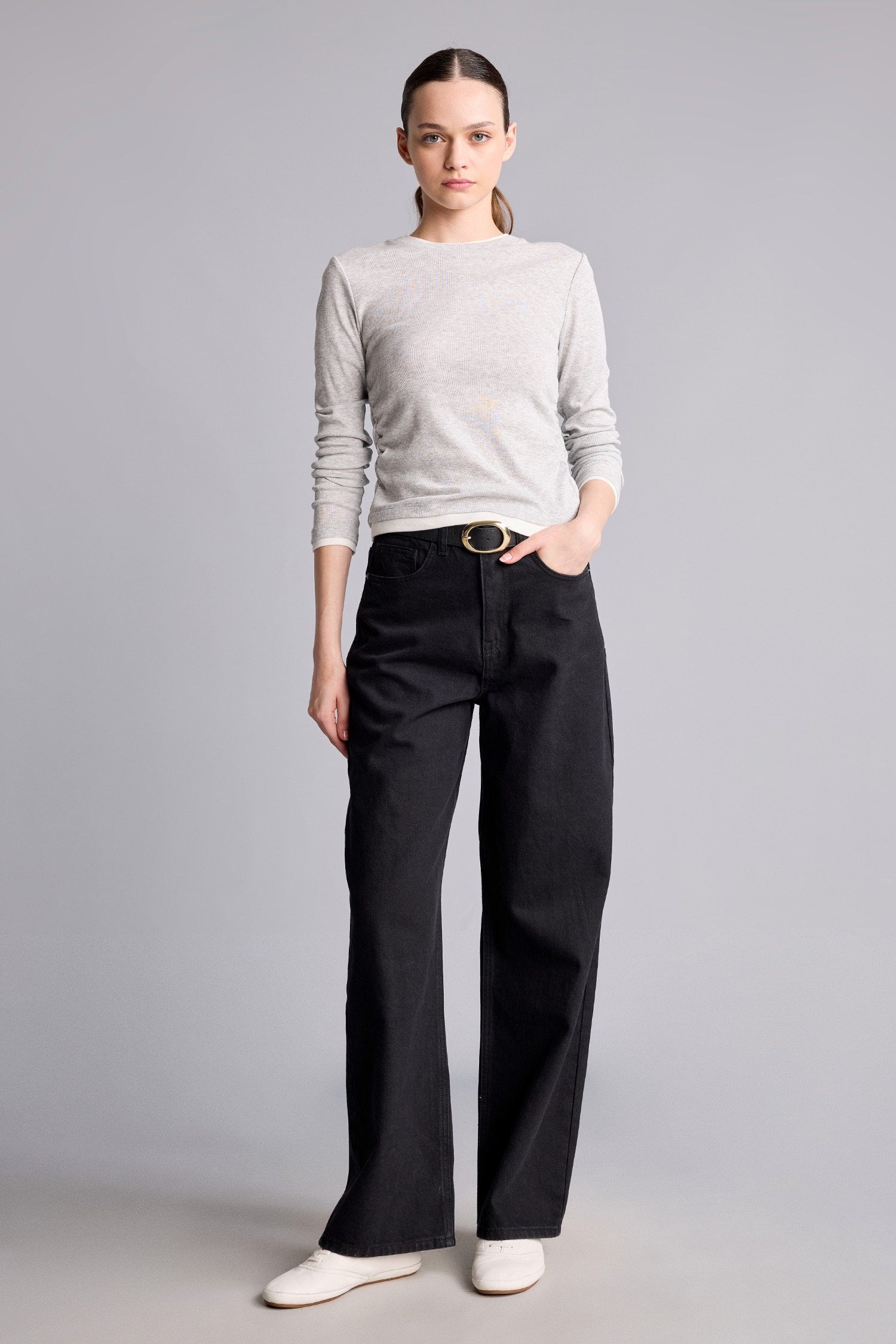 DeFacto %100 Pamuk Straight Fit Yüksek Bel Kemerli Denim Pantolon görsel 2