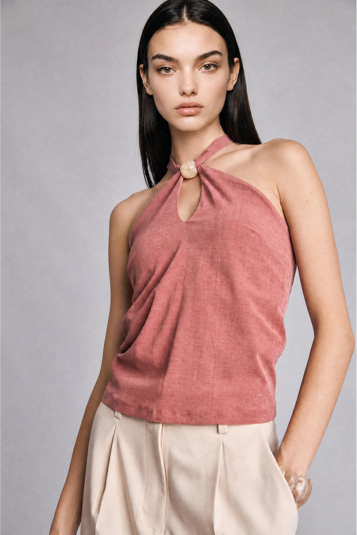 DeFacto Halter Yaka Slim Fit Krep Bluz görsel 4