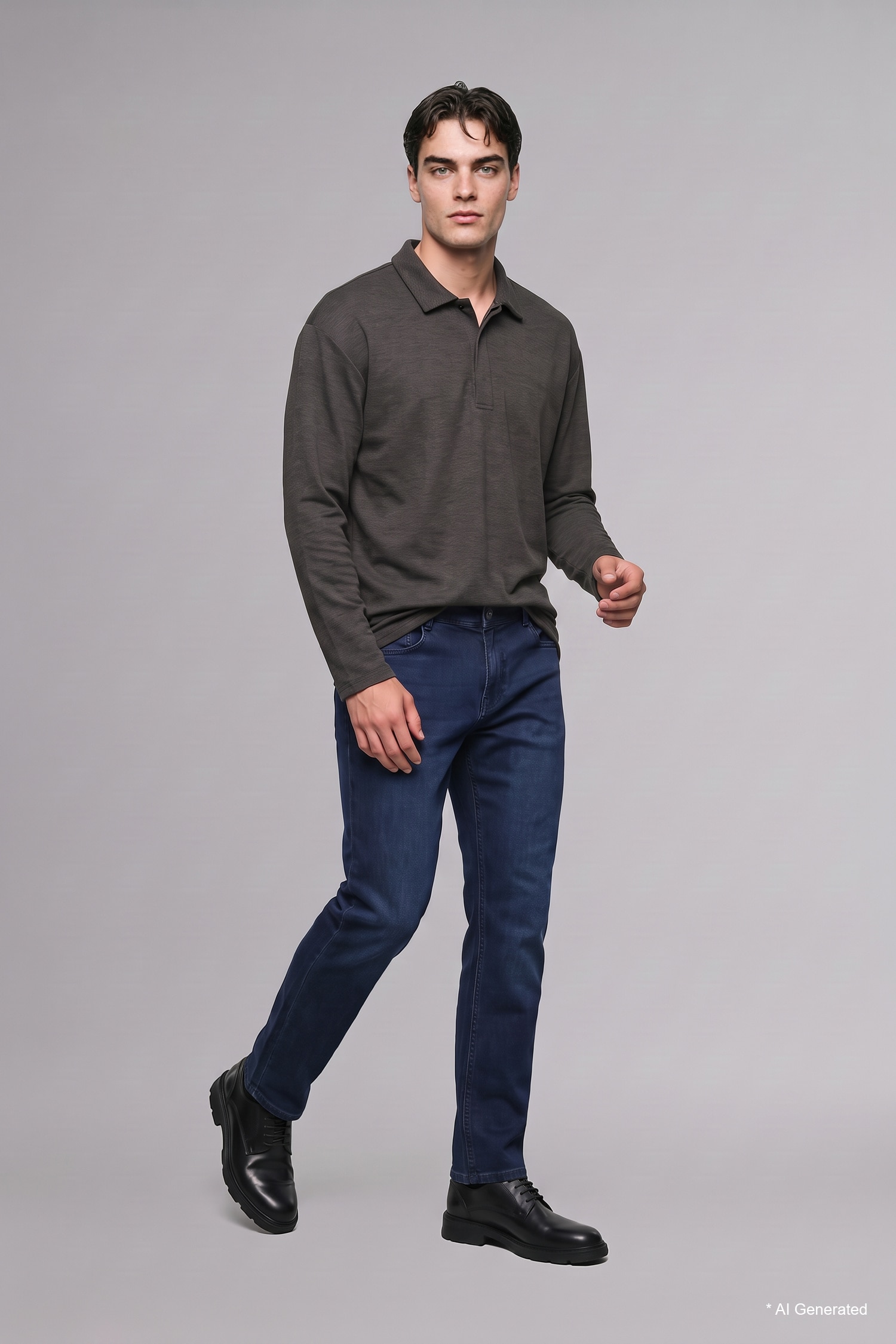Anthracite Man Polo Collar Long Sleeve Sweatshirt 3470625 | DeFacto