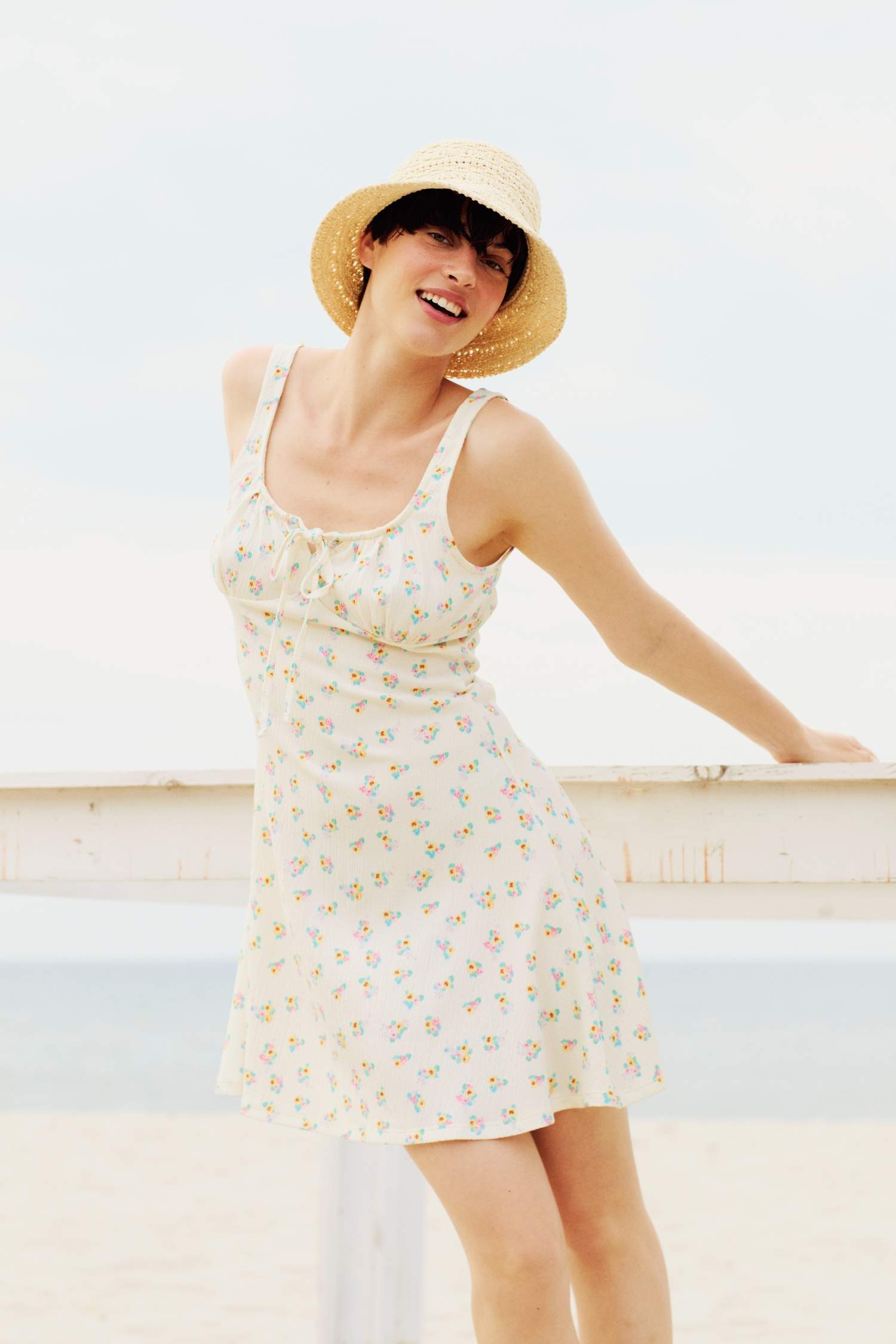 フミカウチダ　TRETCH W-FACE MICRO MINI DRESS Yellow WOMAN A Cut Strappy Crew Neck Floral Mini Dress 3547643