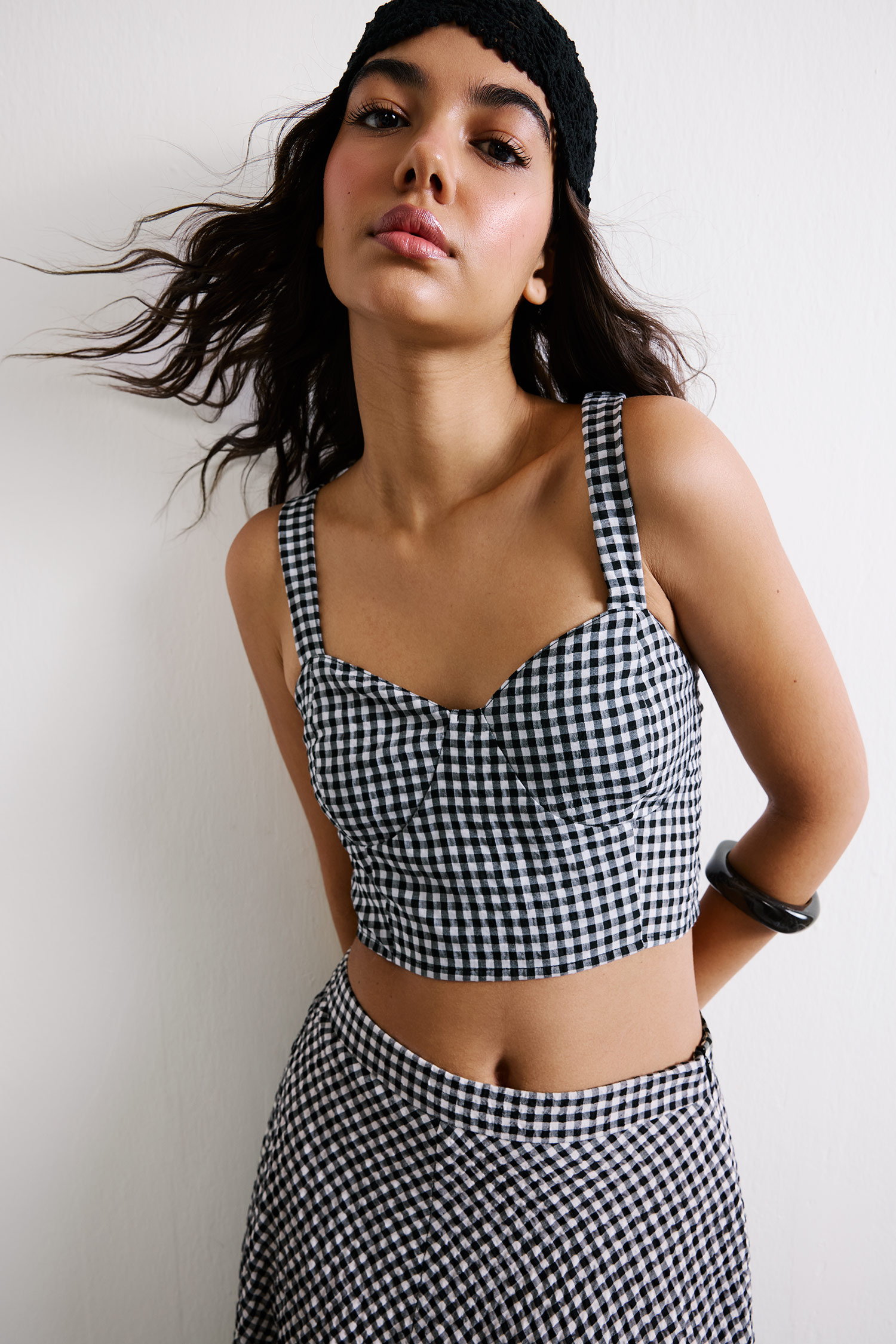 Fıtted Gofre Dokulu Pötikareli Crop Bluz
