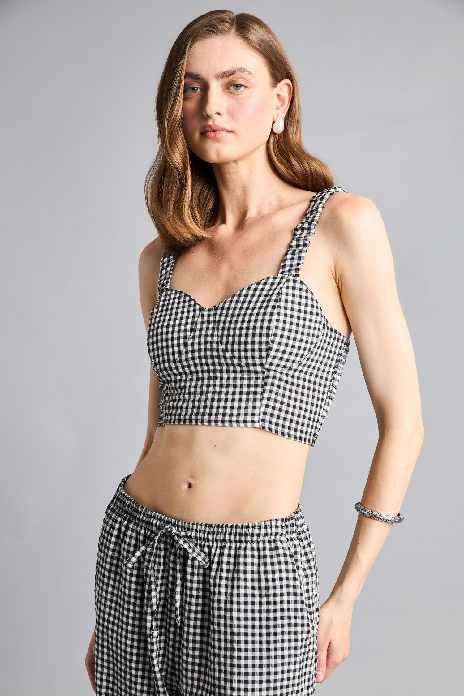 DeFacto Fıtted Gofre Dokulu Pötikareli Crop Bluz görsel 4
