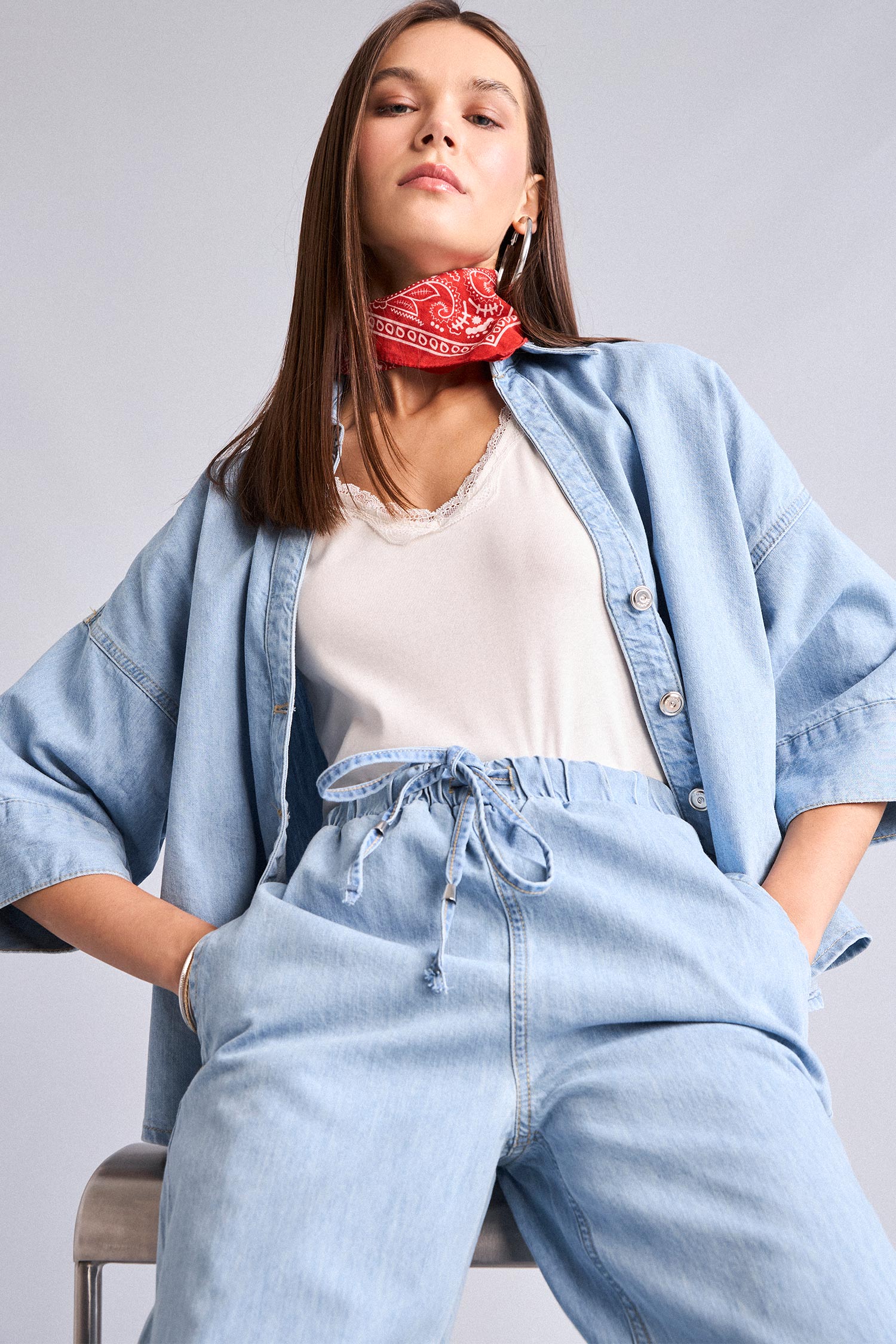 DeFacto %100 Pamuk Oversize Jean Gömlek