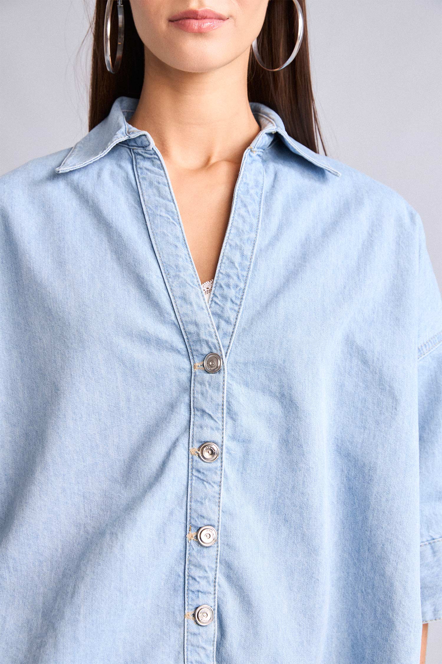 DeFacto %100 Pamuk Oversize Jean Gömlek görsel 4