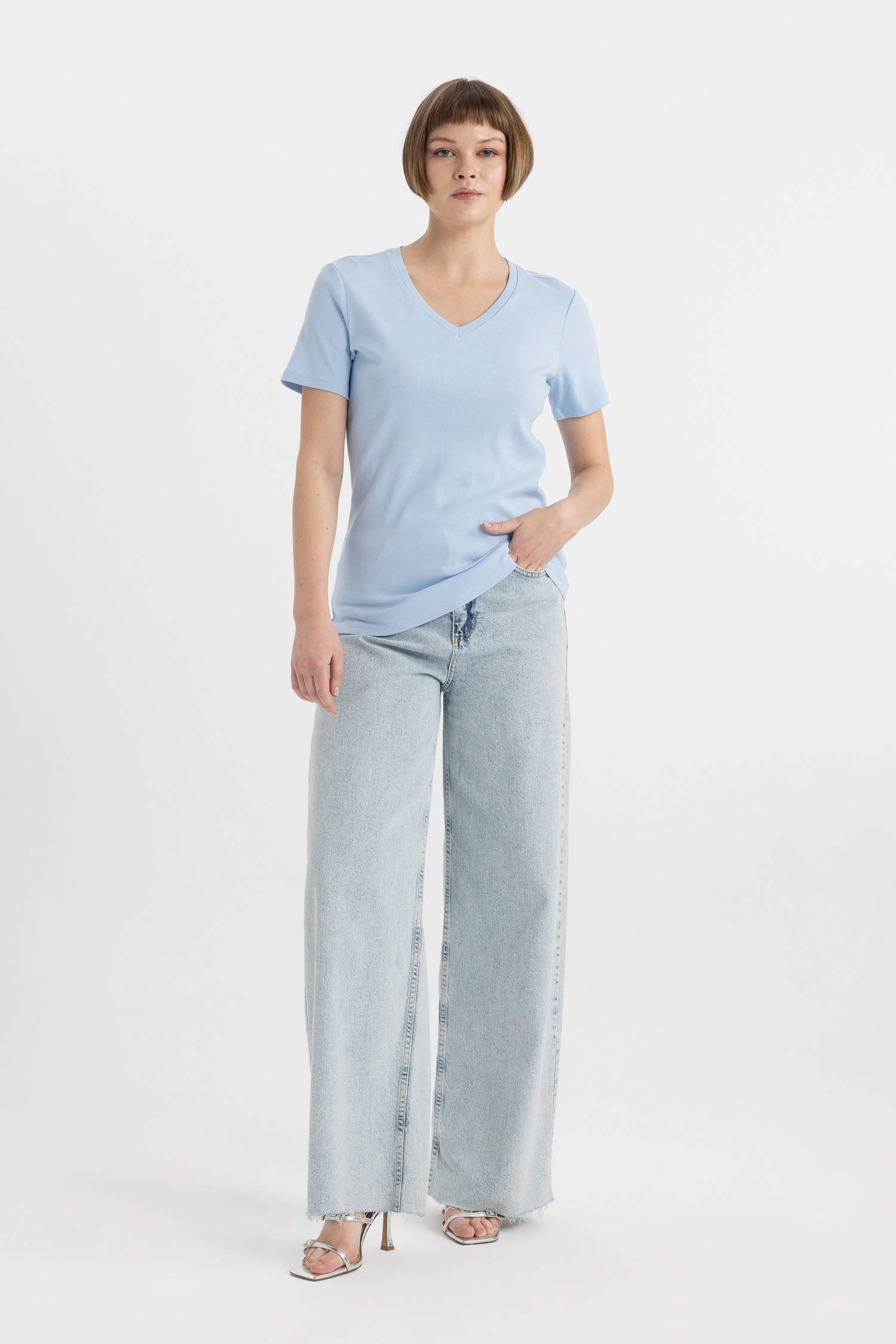 Slim Fit V Neck Ribbed Basic T-Shirt