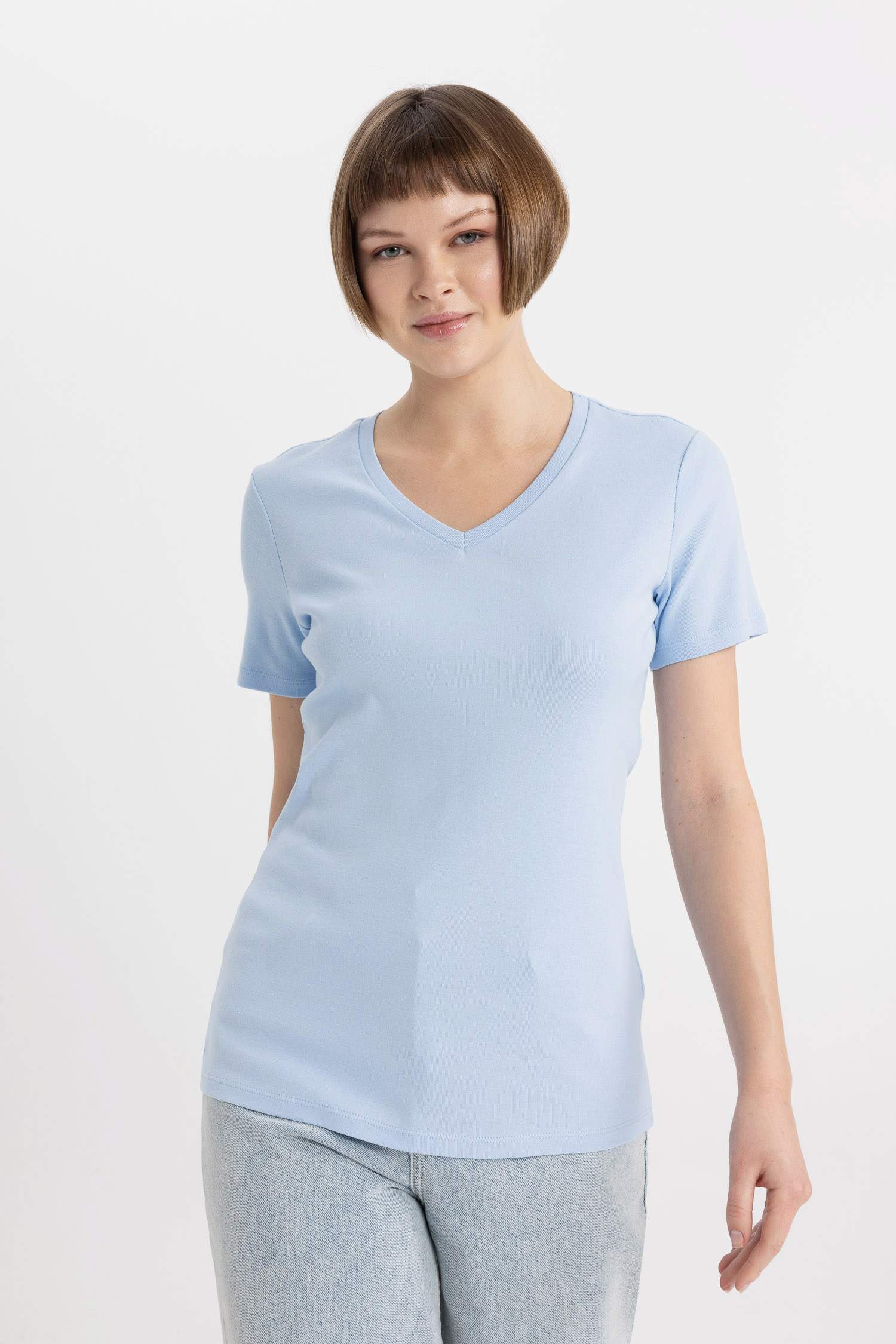 Slim Fit V Neck Ribbed Basic T-Shirt